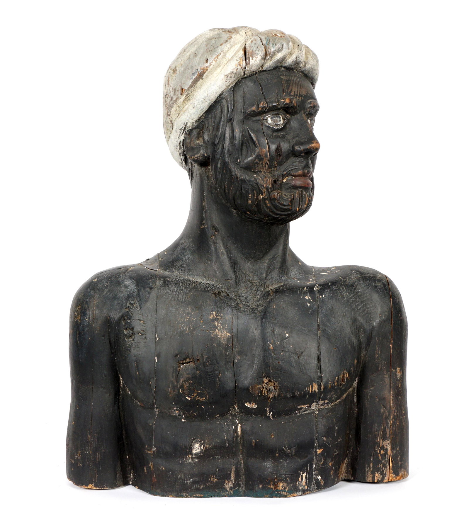 Large Antique Carved Bust / Figurehead of Negro / Arab: Large carved and painted bust of African / Arab man with turban, possibly a ship's figurehead, overall measures 29" h .x 22" x 9". Condition: Wear and loss of paint decoration, age splits and repairs.