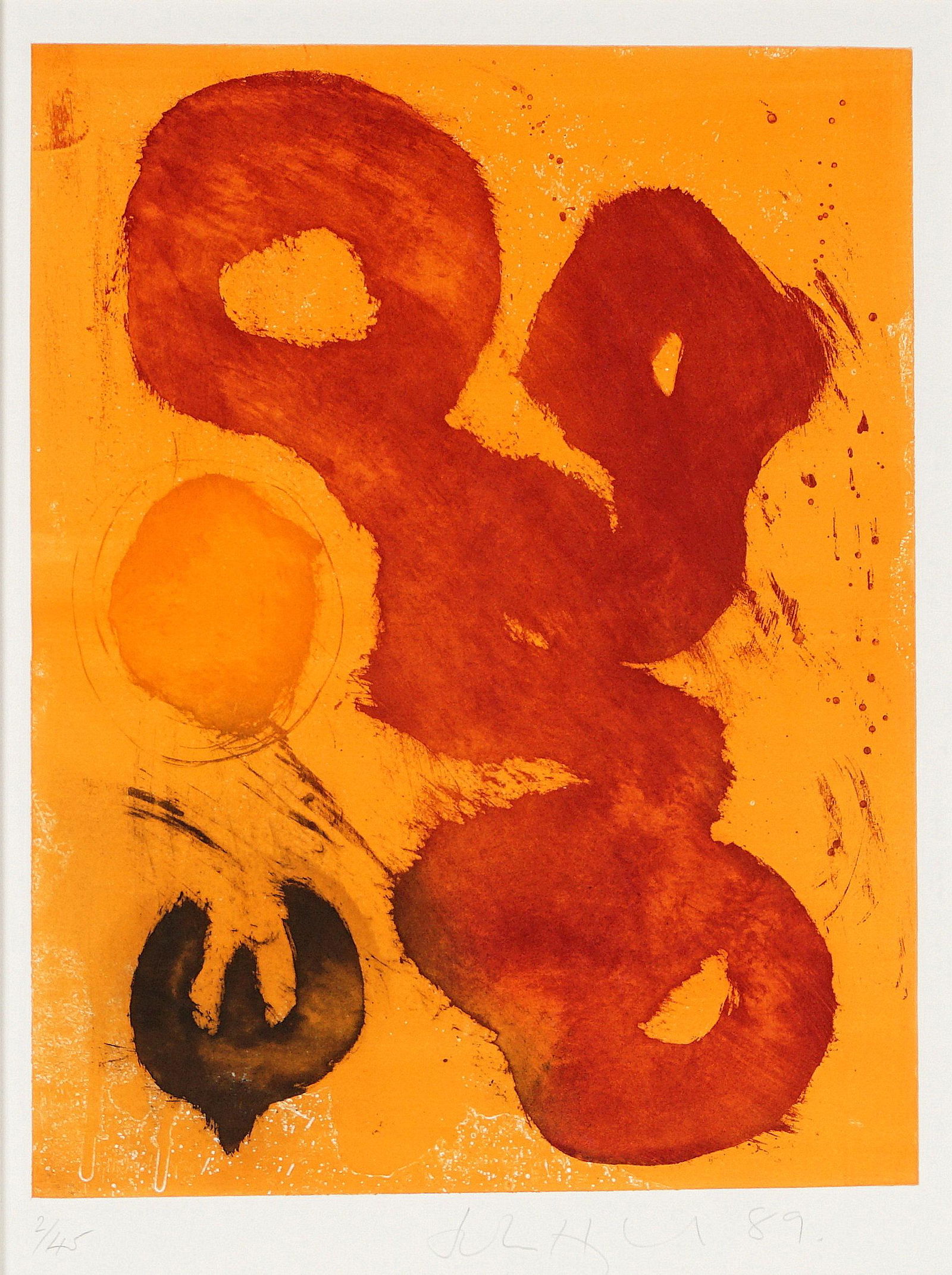 1989 John Hoyland Untitled Abstract Lithograph: HOYLAND, John, (British, 1934-2011): Untitled abstract composition, Lithograph in colors on paper, pencil signed, dated '89, and numbered 2/45 lower margin, image size 25" x 19.25, framed 37.5" x 29.7