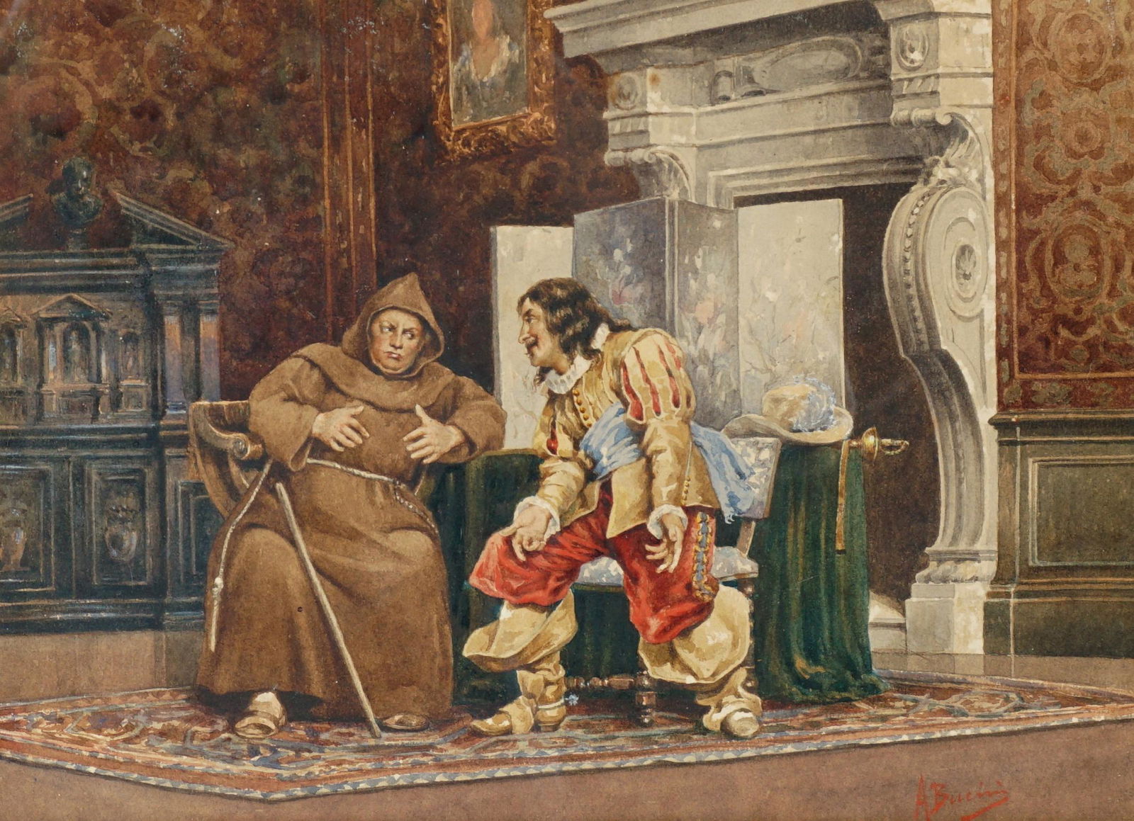 Continental Watercolor of Priest and Cavalier: Interior genre scene of a seated priest and cavalier in conversation, Watercolor/board, illegibly signed A Burini? lower right, 9" x 12", frmed 12.5" x 15.5". Condition: Glued to interior gilt wood ma