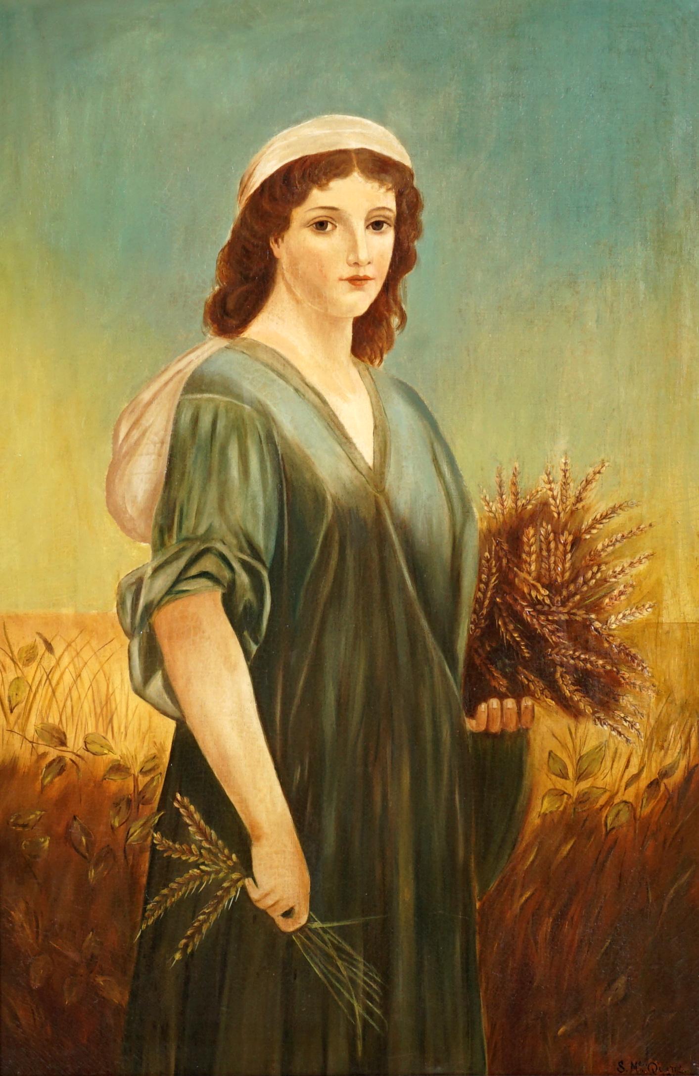 Large Ruth Gleaning Wheat Painting signed McQuade (1 of 7)