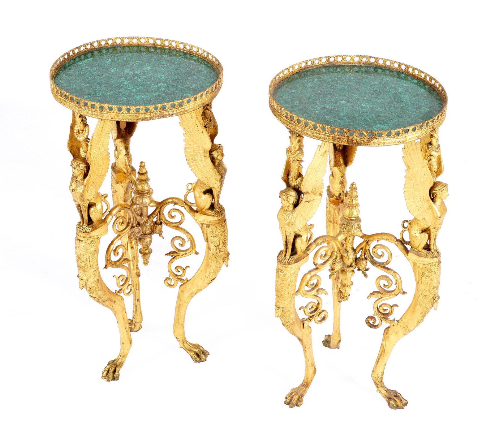 Pr Egyptian Revival Gilt Bronze Malachite Tables (1 of 12)