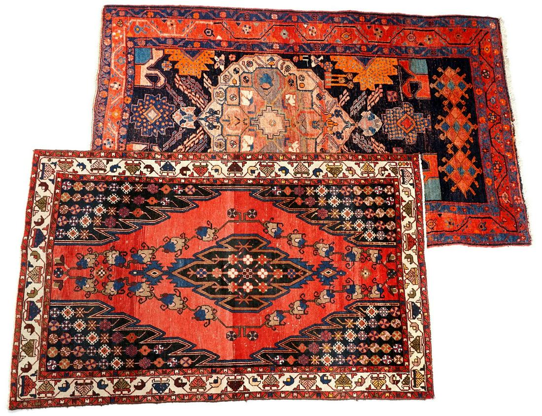 Two Antique Persian Bidjar and Hamadan Geometric Rugs: Two pieces total to include 1) Three foliate and geometric border bands, black center ground, off center medallion, geometric motifs, 4' 2" x 7' 5". 2) 3 border bands, maroon red ground, center medall