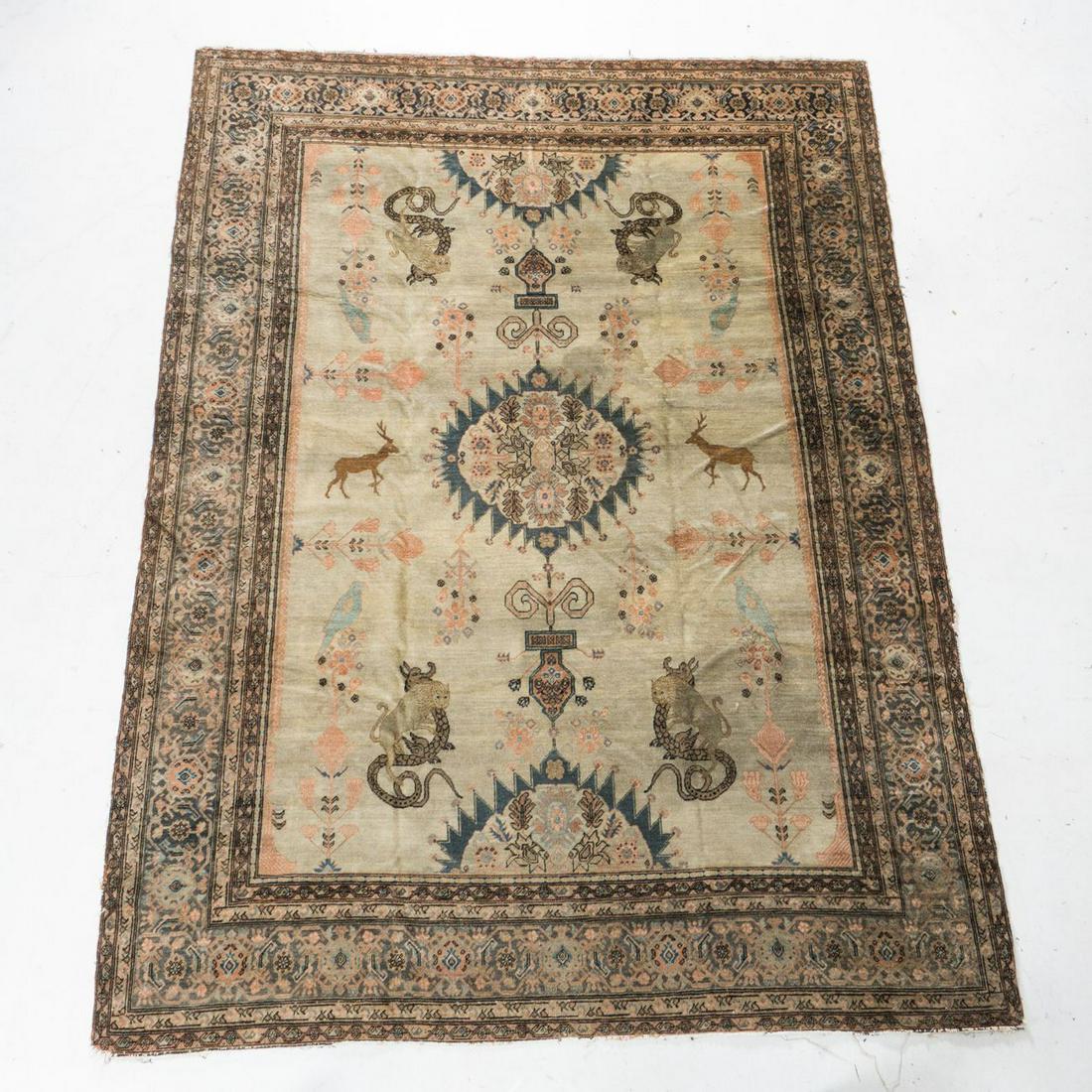 Antique Ivory Persian Fereghan Sarouk Rug: Six floral and geometric border bands, grey/green field with animals, dragon/serpents, birds, center floral medallion, half medallions at either end, 6' 8" x 9'. Note in need of cleaning. See photos f