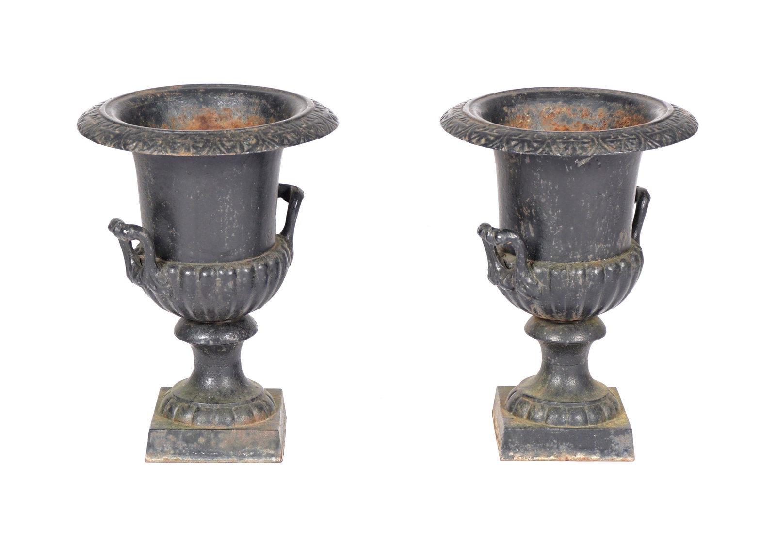 Pair Black Painted Cast Iron Garden Urns: Pair smaller classical cast iron garden urns, older black paint, foliate flared rim, scroll handles, overall 16.5" h. x 12.25". Condition: Obvious signs of weathering, paint flake. From the estate of