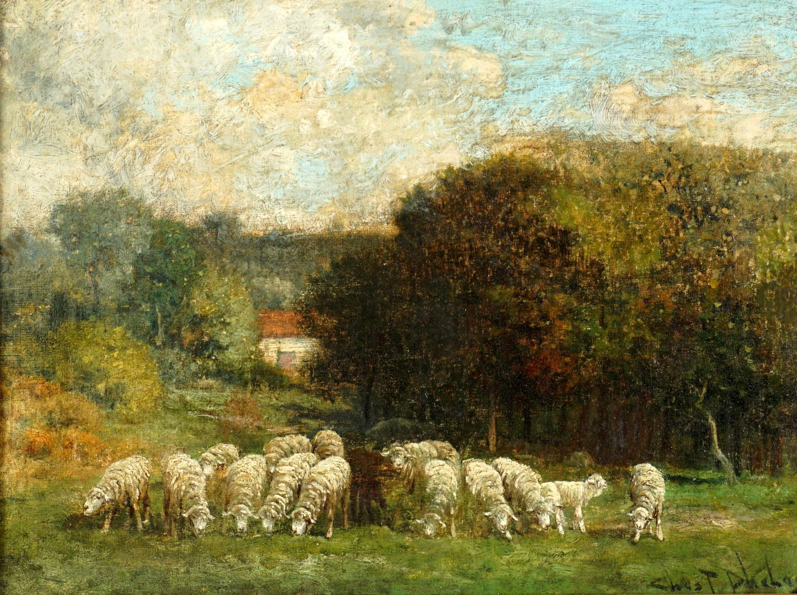 Charles T. Phelan Sheep in Landscape Painting: PHELAN, Charles T., (American, 19th Century): Pastoral landscape with sheep, Oil/canvas, 12" x 16", framed 15" x 19". Condition: Inpaint, wax relined. From the estate of a prominent lawyer from New Ro