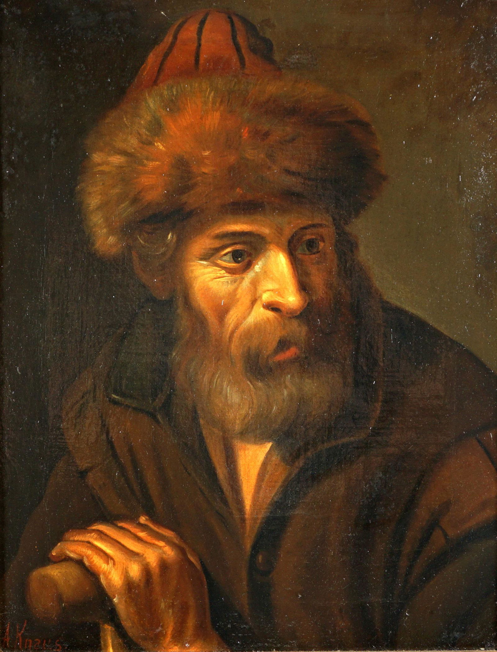Portrait of a Man signed A.Knaus: Portrait of a bearded man with furn lined hat, Oil/Canvas, signed A. Knaus lower left, 17" x 13.5", framed 22" x 18.5". Condition: Two patch repairs verso. From the estate of a prominent lawyer from N