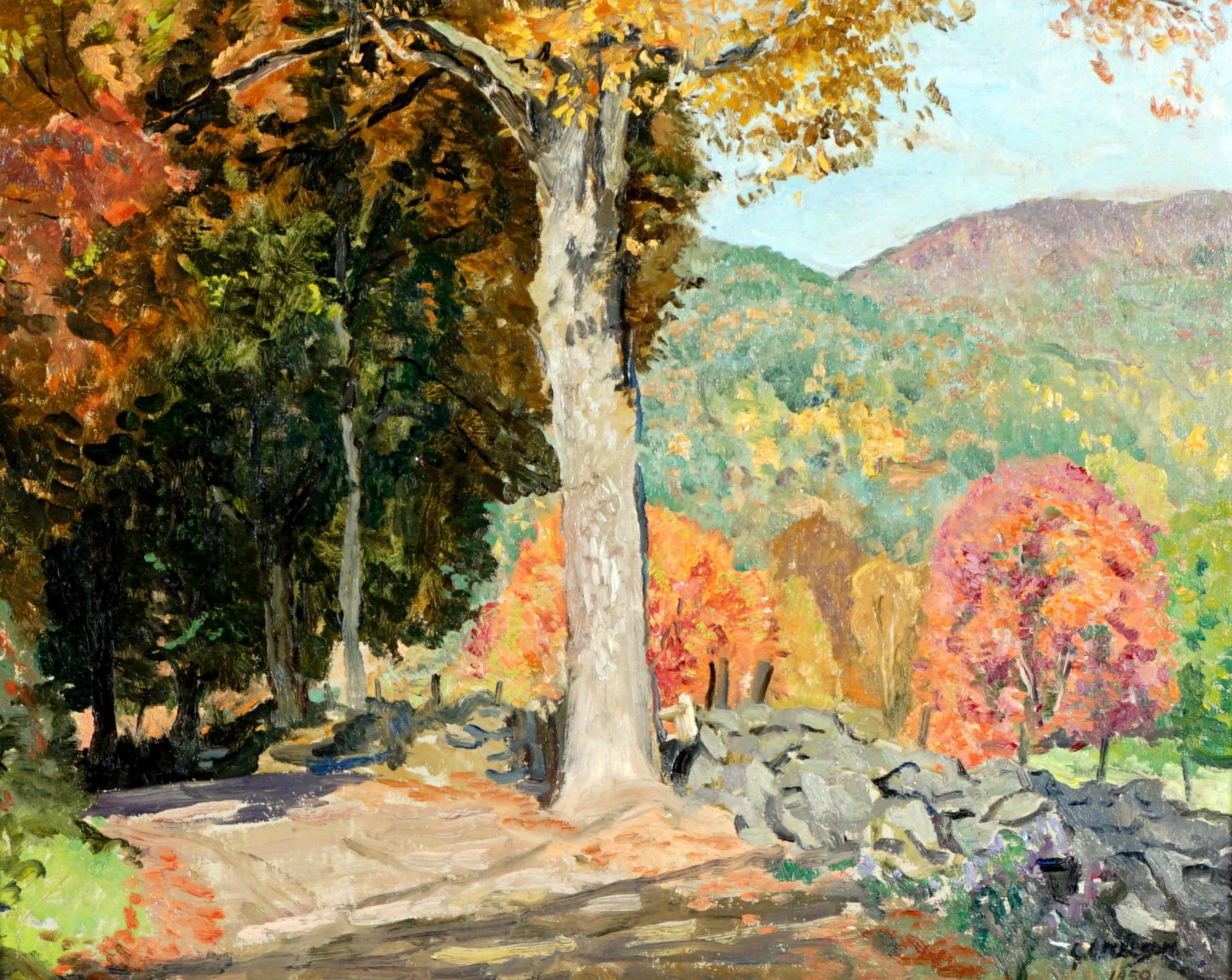 George Lawrence Nelson Autumn Kent Landscape: NELSON, George Lawrence, (American, 1887-1978): "Autumn, 1950, Kent, Conn.", autumnal landscape with path, Oil/Board, signed and dated 1950 lower right, signed, titled and dated verso, 16" x 20", fram