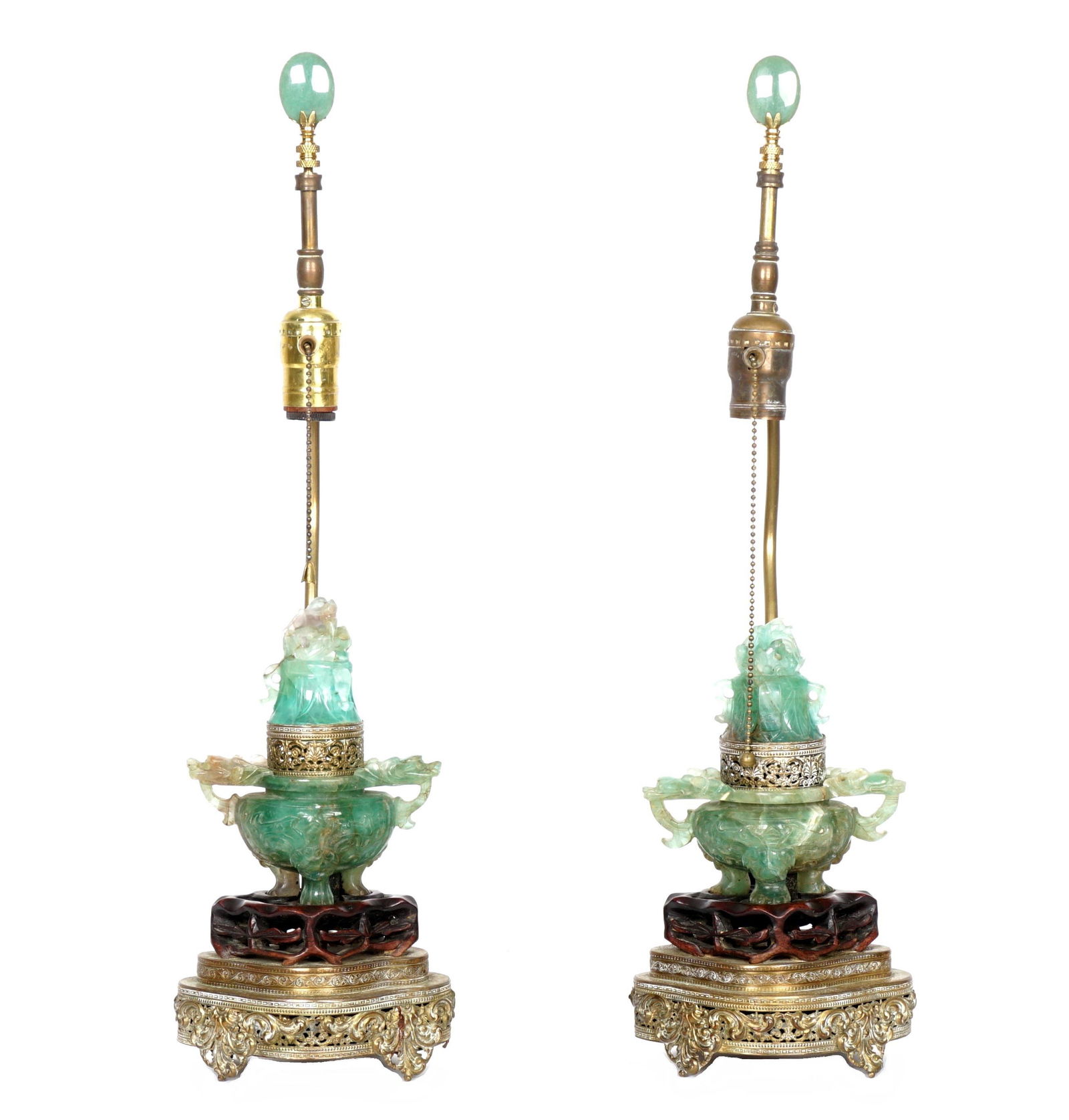 Pair Chinese Green Quartz Urn Lamps (1 of 10)