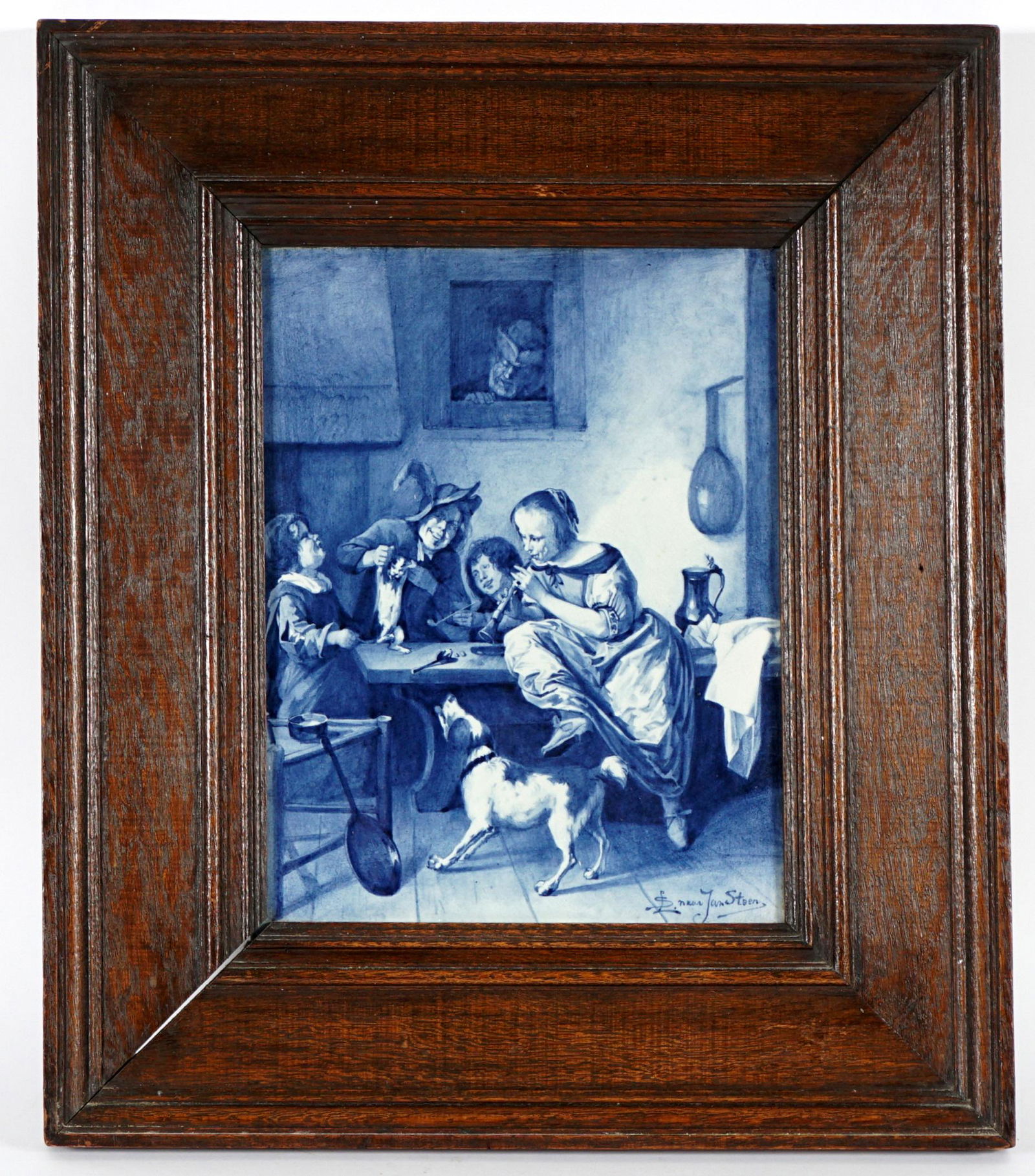 Jan Steen Joost Thooft & Lebouchere Delft Plaque: Blue and white decorated interior genre scene of family playing with a cat, signed Jan Steen lower right. Impressed Joost Thooft & Lebouchere stamp, blue markings, and older dealers label verso. 14" x