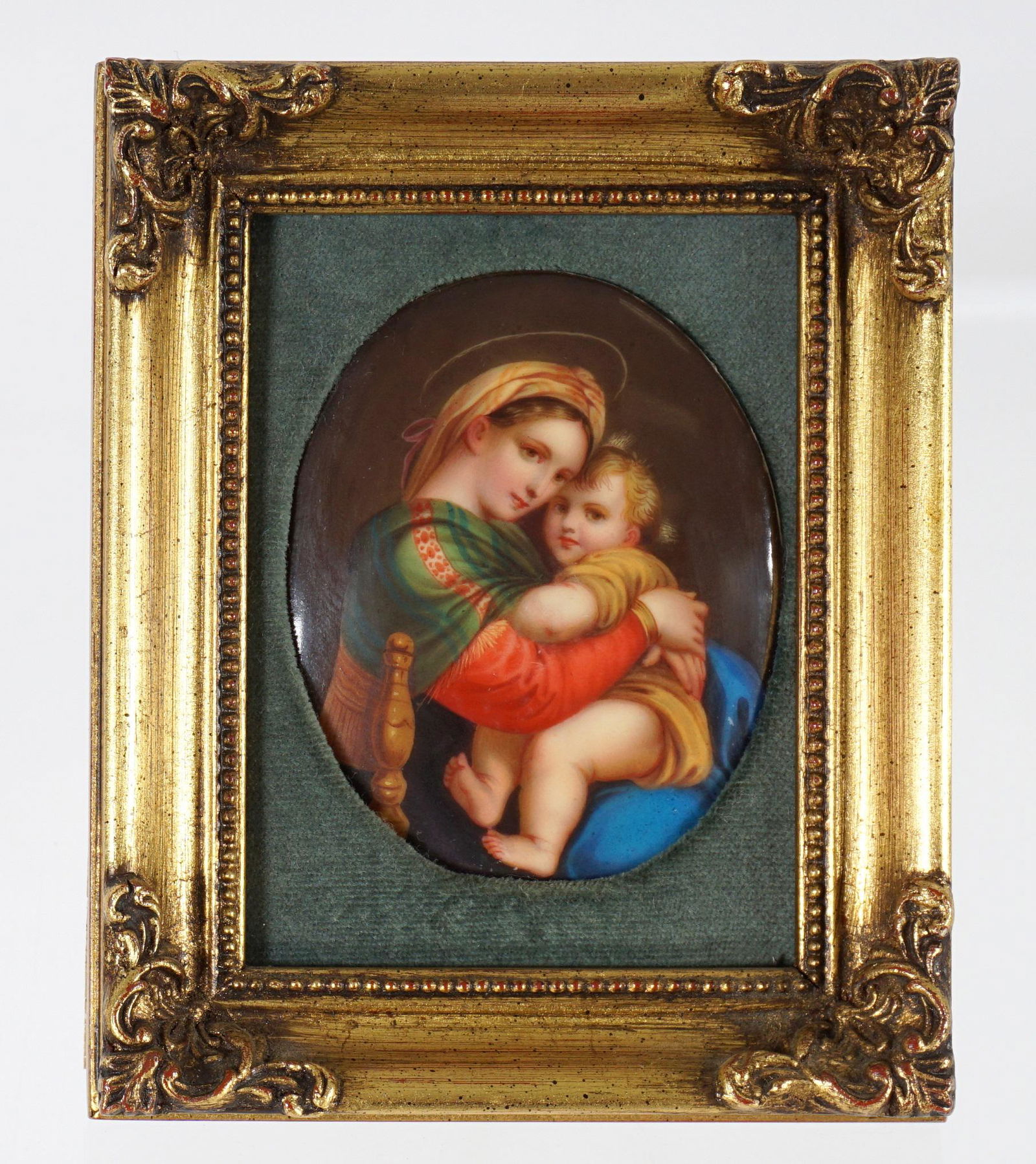 KPM Style Miniature Mother & Child Portrait Plaque: Depiction of the Virgin Mary and Child, unsigned, 3" x 2.5", framed 5.25" x 4.25". Condition: Back glued to paper backing. From the estate of a prominent lawyer from New Rochelle, NY.