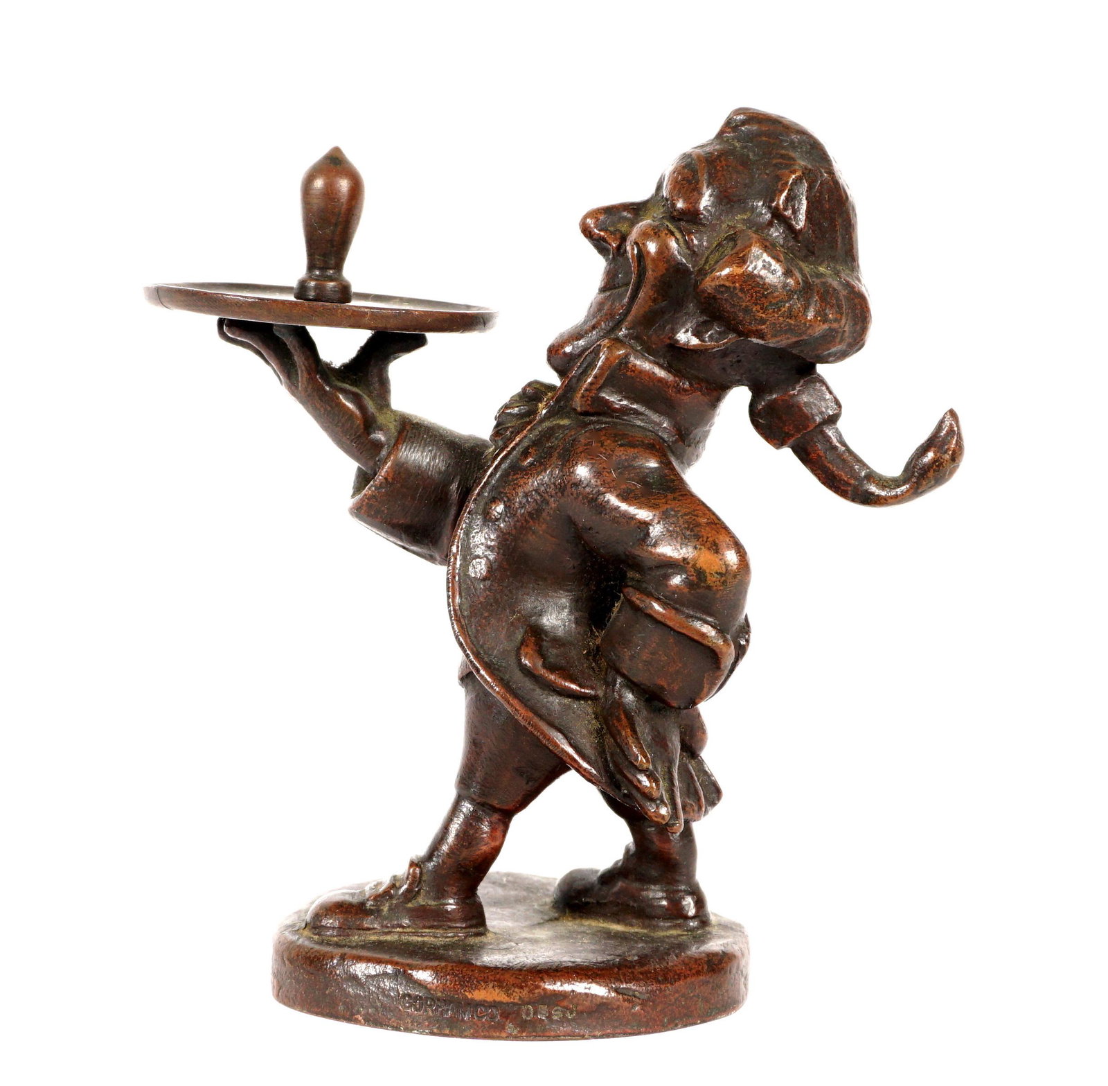 Fred Cooper Gorham Edison Company Bronze Butler: Patinated bronze figure of a butler holding a tray, inscribed on tray "Complements of the New York Edison Company", inscribed on base "Forty Years "At your Service" September 4, 1882-1922", and impres