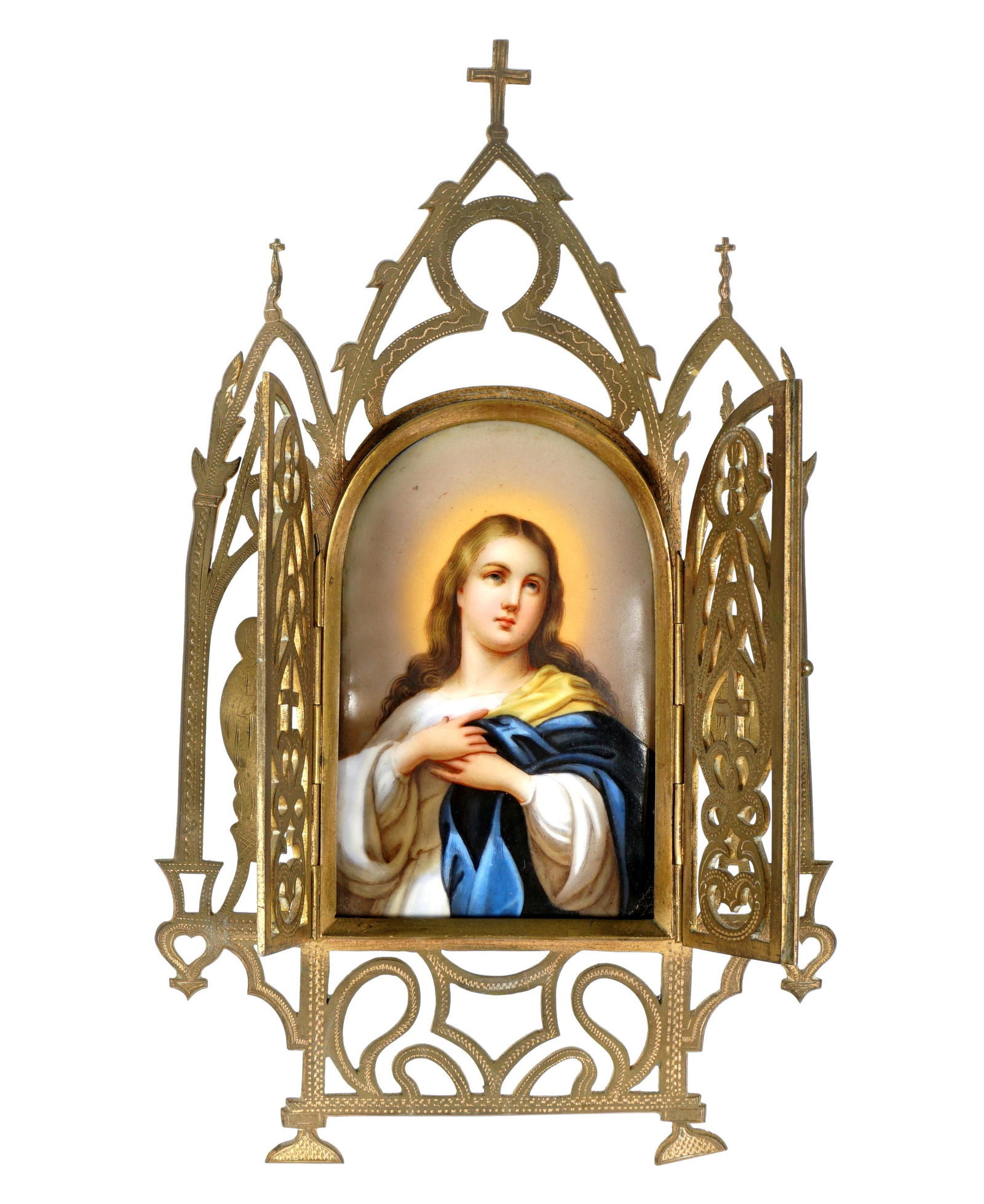 KPM Stye Virgin Mary Painted Porcelain Plaque: Depiction of the Virgin Mary on arched porcelain plaque, unsigned, 4" x 2.5". Reticulated gilt metal easel back frame, 9.25" x 5.5". From the estate of a prominent lawyer from New Rochelle, NY.