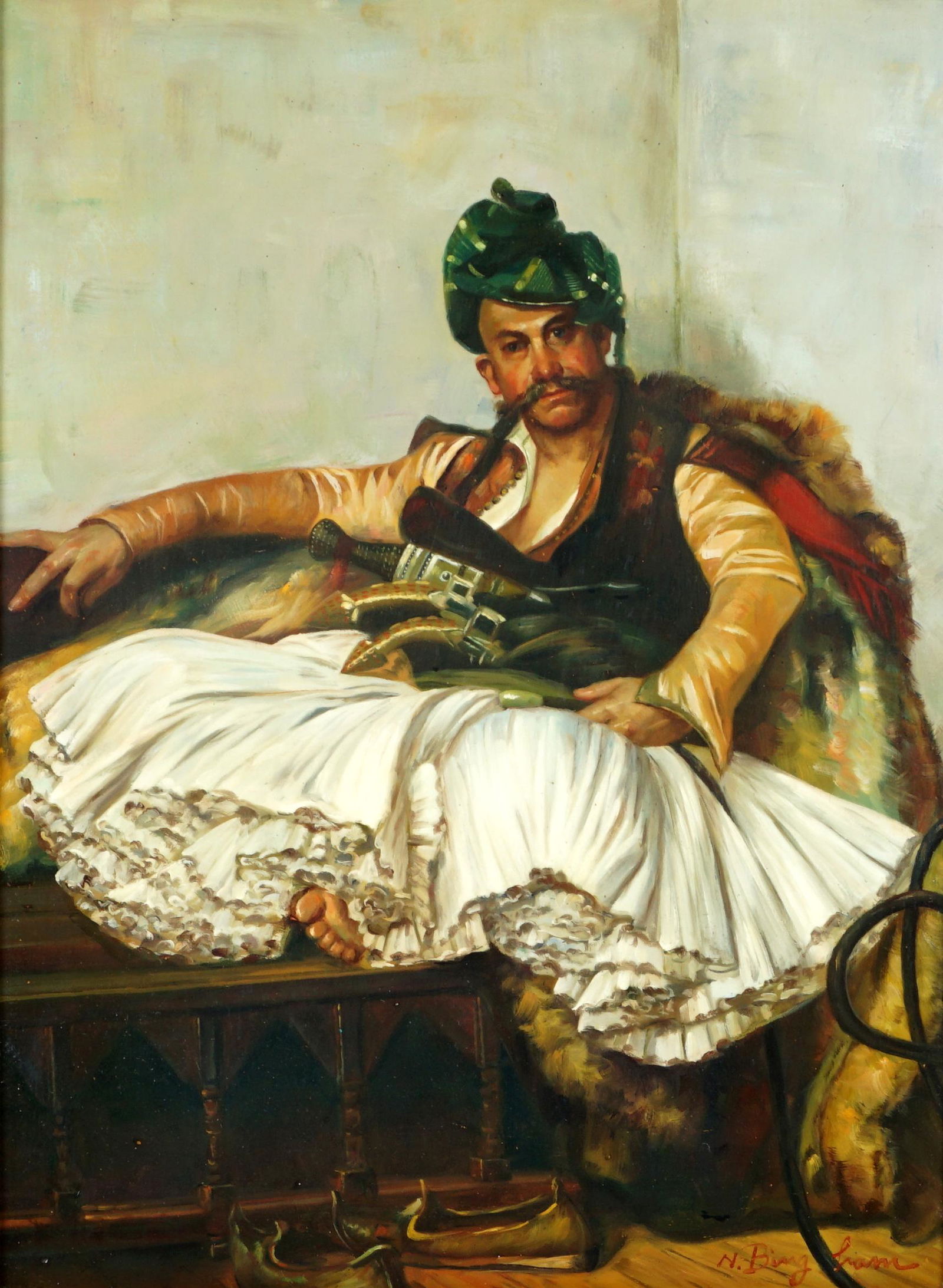 Bingham after Jean-Leon Gerome Bashi-Bazouk Chief: BINGHAM, N. Henry, (American, 1939-): "Bashi-Basouk Chief" after the original by GEROME, Jean-Leon, (French, 1824-1904), Oil/Ceramic tile, signed lower left, 16" x 12", framed 24" x 20". From the esta