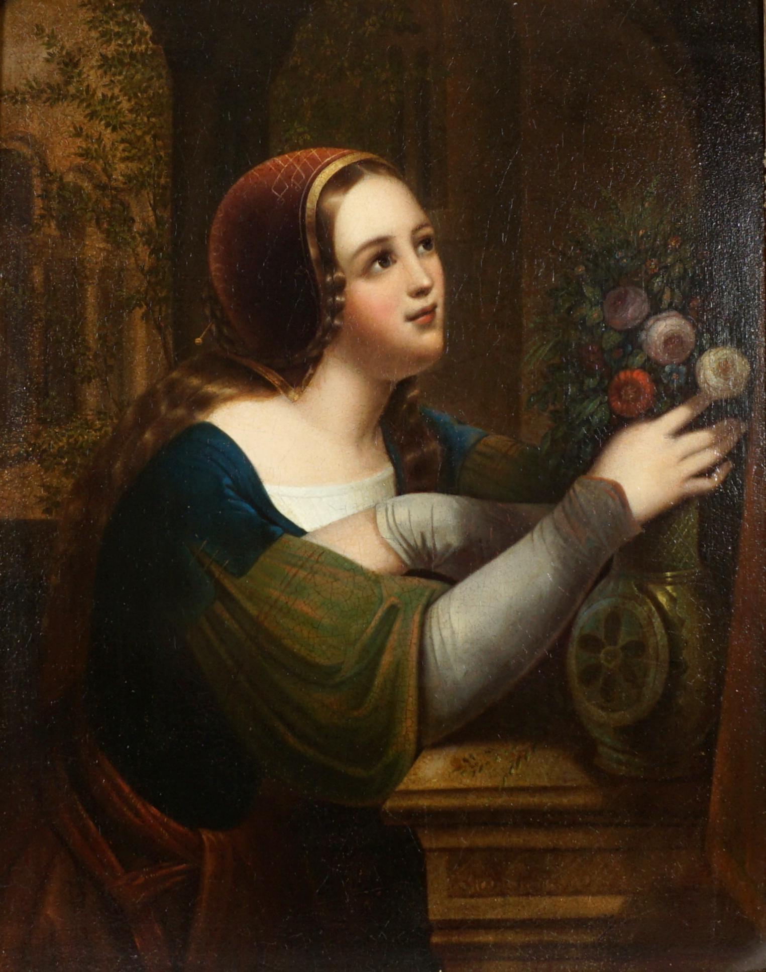 Portrait of Woman with Flowers: Portrait of an 17th/18th Century woman with flowers, Oil/Metal, no visible signature, 19" x 15", framed 24.5" x 20.5". Condition: Scattered inpaint, craquelure. From the estate of a prominent lawyer f