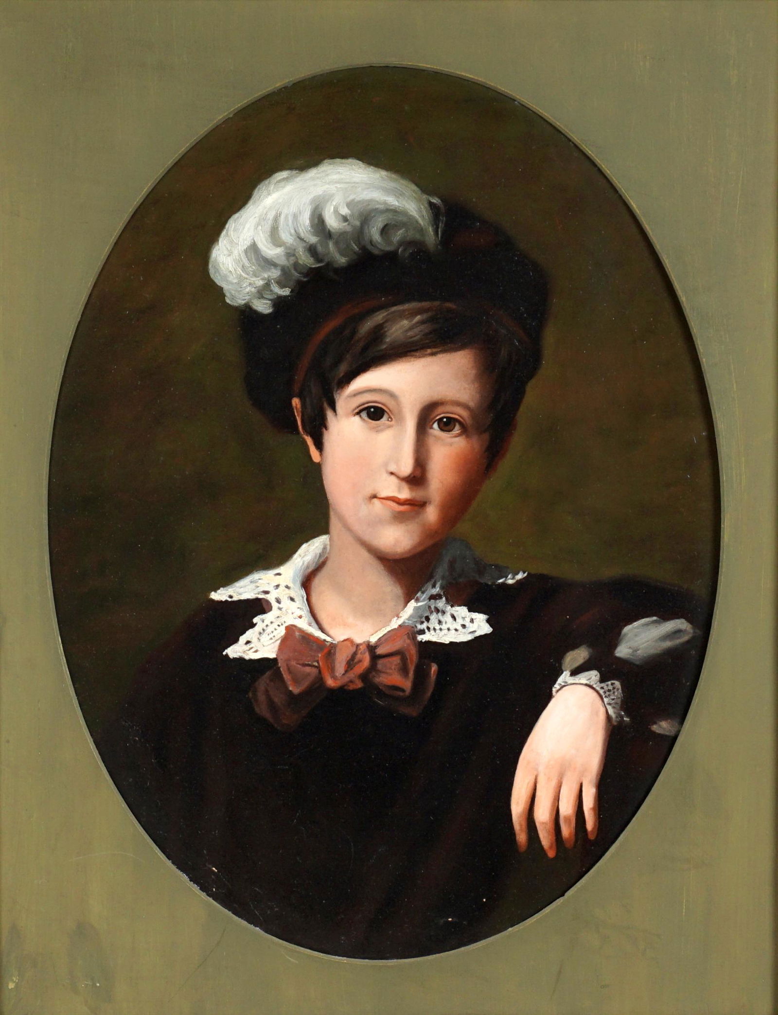 19th Century Portrait of Ida Harvey: Portrait of Ida Harvey, daughter of Sir Robert Harvey, 1st Baronet of Crown Point, Oil/Canvas, no visible signature, Bloomingdale's England tag verso, 25" x 18.5", framed 32.75" x 27". Scattered inpai