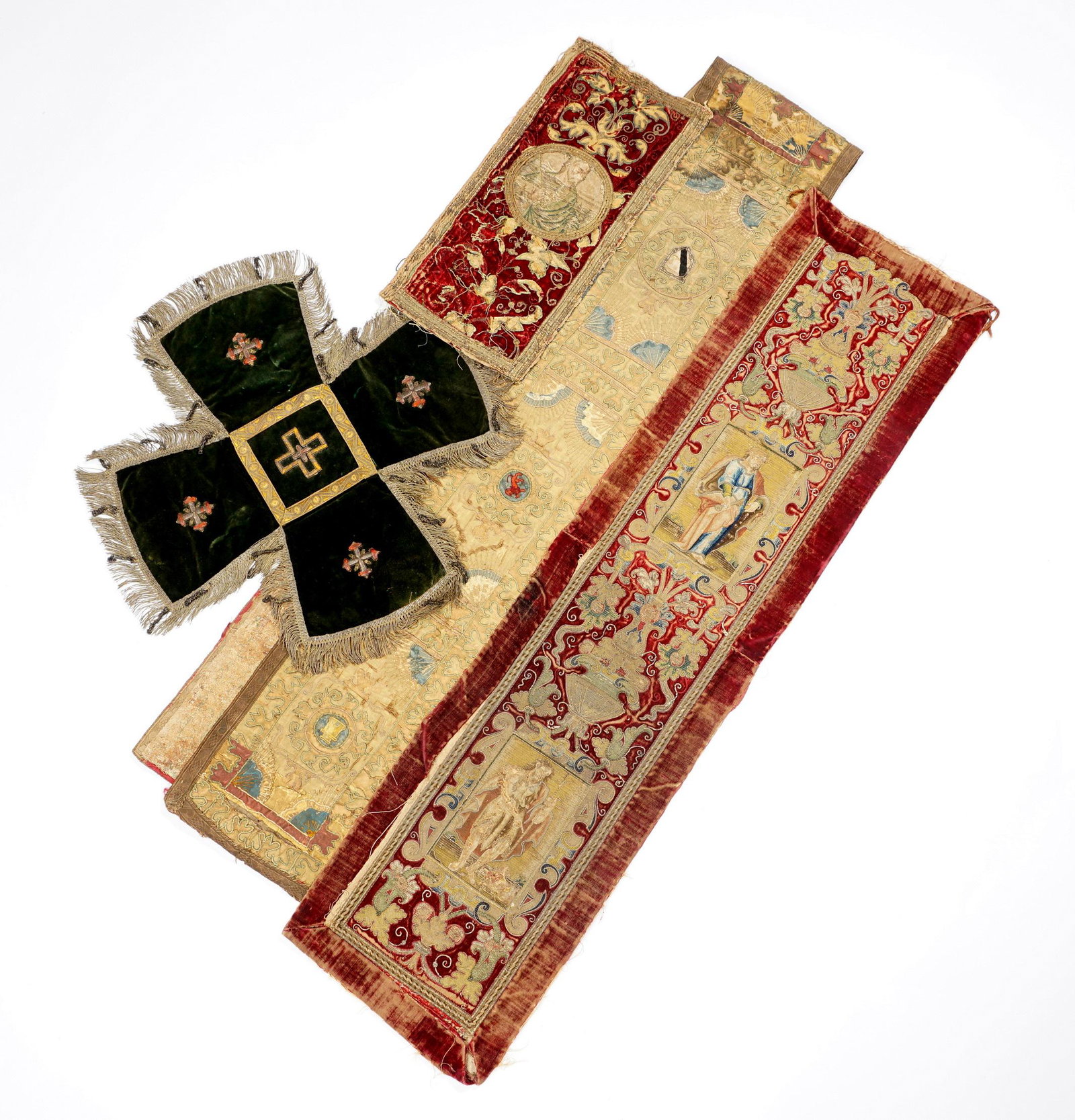 4 17th/18th C Antique Italian Embroidered Textiles: An assembled collectioon of four pieces total to include 1) Long wall panel, silk ground, seven panels with silk thread medallions, metallic thread accents, 7'9" x 9". 2) Cross form, green velvet grou