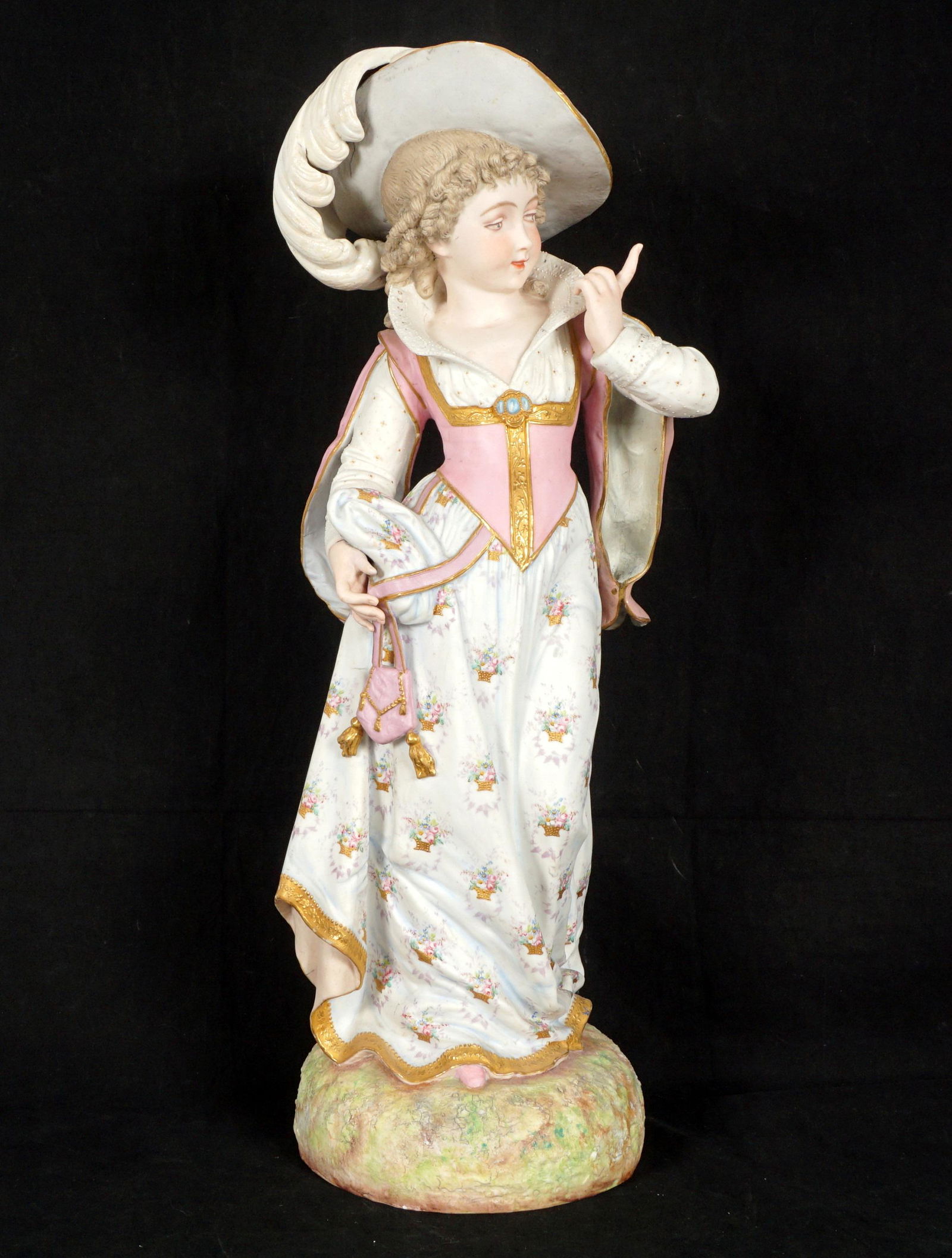 Bisque Figure of a Girl: Polychrome decorated figure of a girl with feather plume hat, dressed in finery, unmarked, overall 23.25" h. x 9.5".