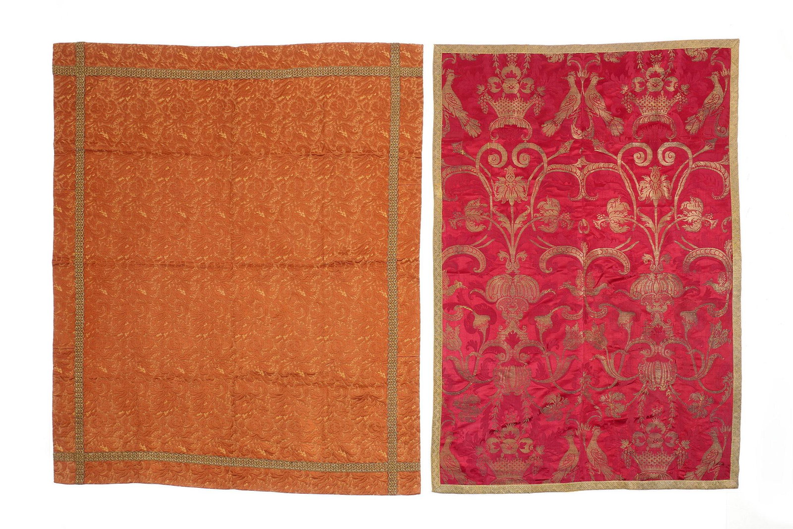 Antique Early Venetian Damask and Textiles: Two pieces total large Continental tablecloths to include 1) Rust red foliate scroll motif with gold metallic thread accents, 4' 11" x 5' 7". 2) Gold metallic thread brocade with foliate scroll, urns,