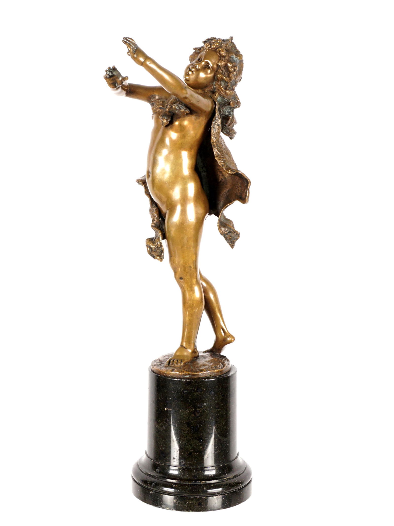 after Franz Iffland Stepping Bacchus Boy Bronze: after IFFLAND, Franz, (German, 1862-1935): "Stepping bacchus Boy", figure of a boy with animal skin wrap, unsigned, affixed to marble plinth. Overall 12.5" h. x 5.5". Condition: Chips to marble, separ