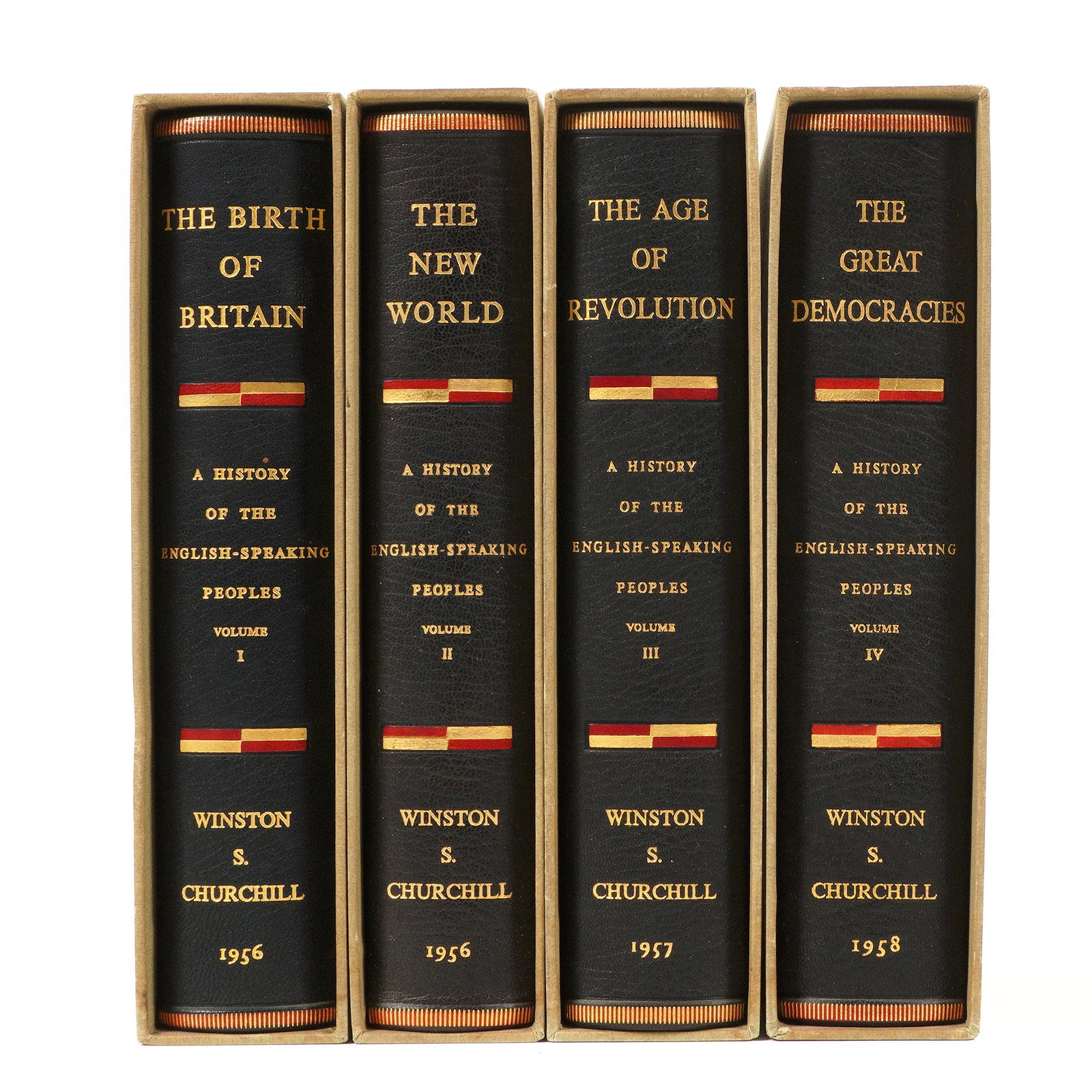 4 Vol. Winston Churchill History English Speaking: Four volume set "A History of the English Speaking People" books, publishedDodd, Mead, & Companoy, New York, 1956-1958, full calf, embossed spines, 8.75" x 6.25". From the estate of a prominent lawyer