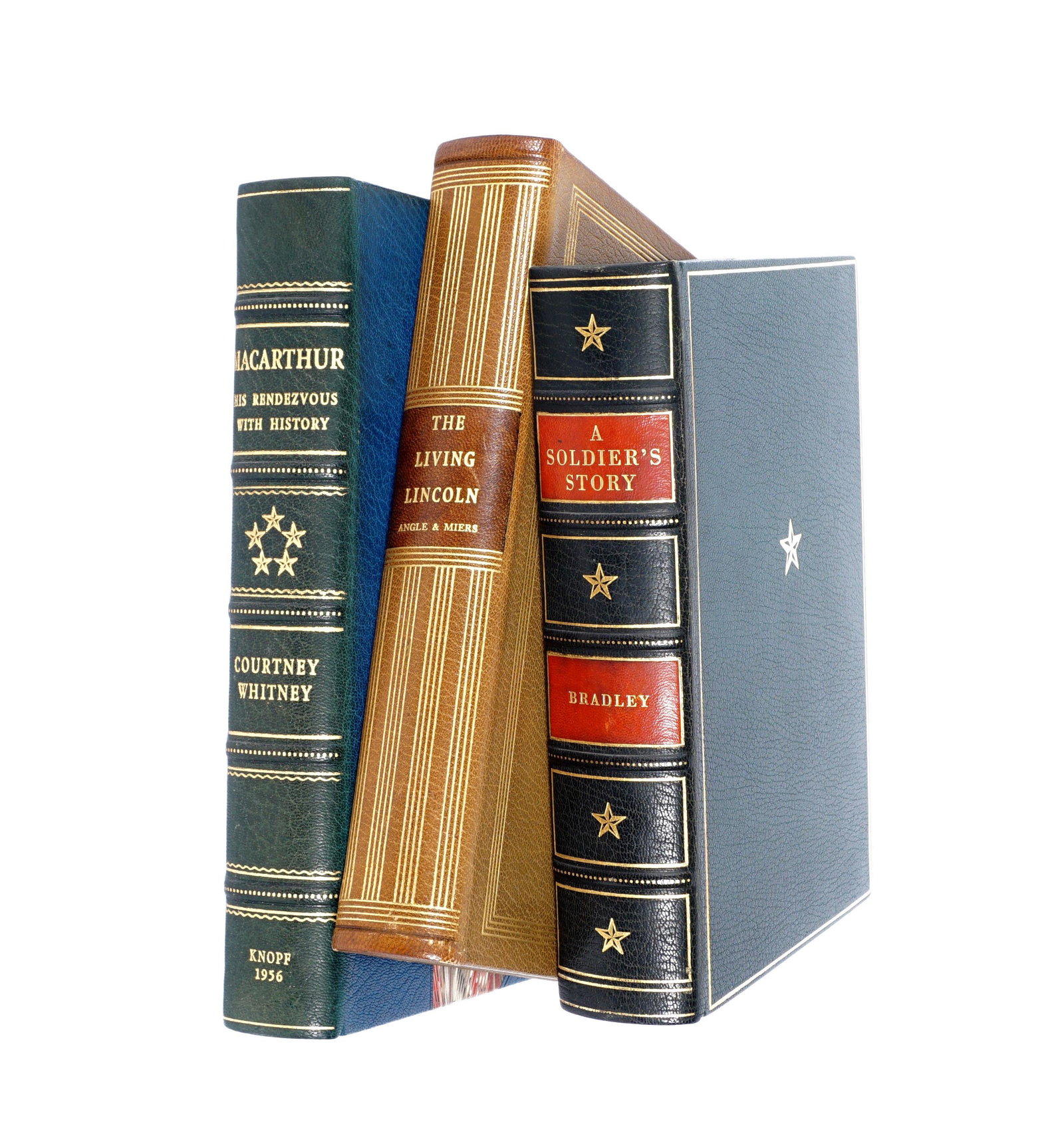 Three Leather Bound Historical Books: An assembled collection of three volumes to include 1) "Macarthur, His Rendezvous with History", Courtney Whitney, 1956, Alfred A Knopf, New York. Three quarter calf with marbled boards, toning to emb