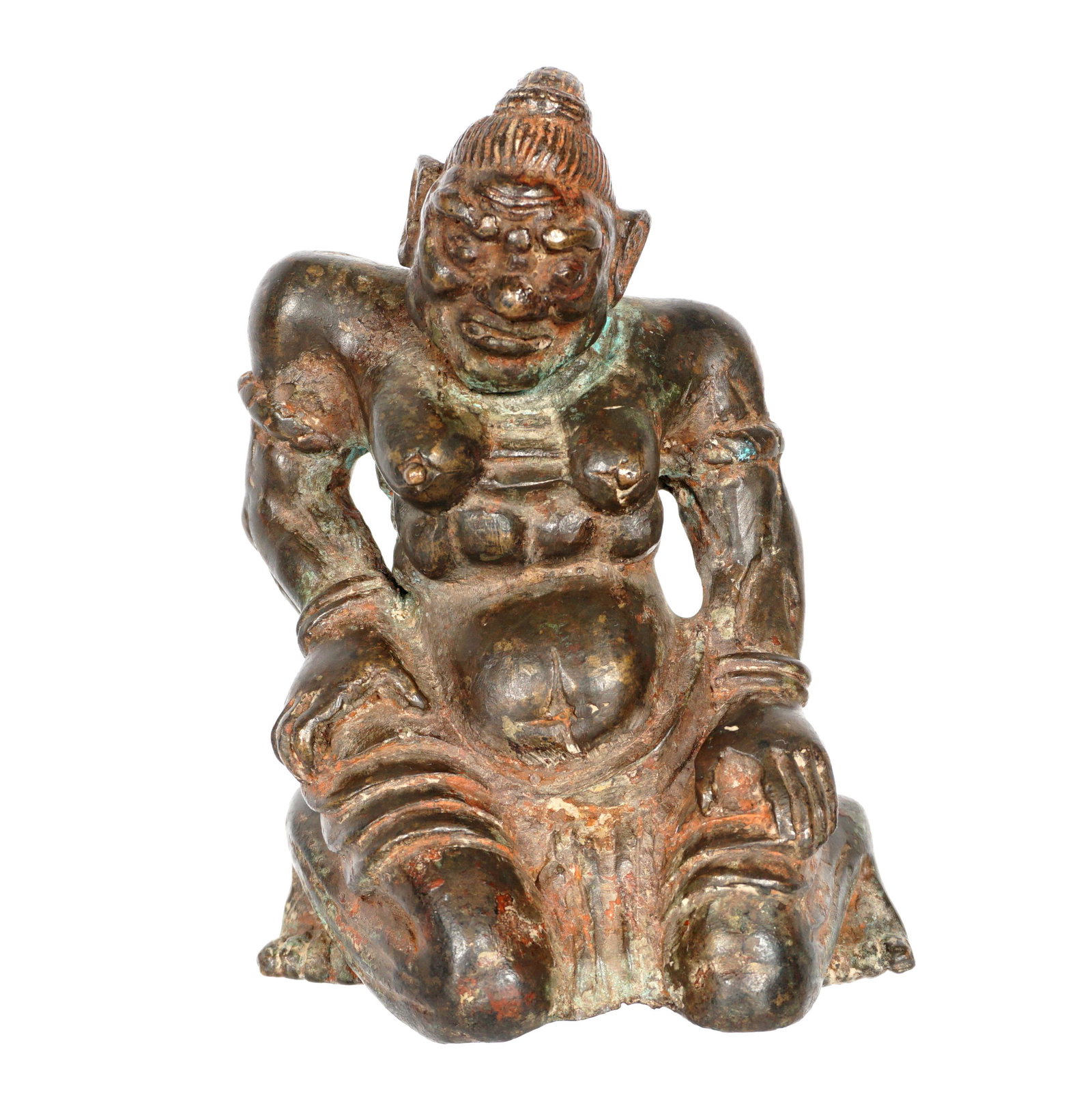 Chinese Ming / Qing Bronze Deity Figure: Late Ming or early Qing Dynasty (17th c.) Figure of a kneeling, acolyte guardian figure made of bronze with facial expressions usually seen in much larger statues. Most likely originally part of a gro