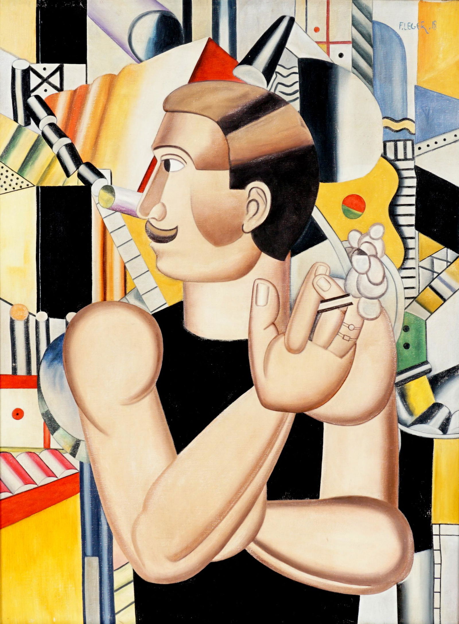 after Fernand Leger The Mechanic Painting: after LEGER, Fernand, (French, 1881-1955): "The Mechanic", after the original, Oil/canvas, signed upper right and dates '18, signed and dated verso, 28.5 "x 21.5", framed 36" x 29".