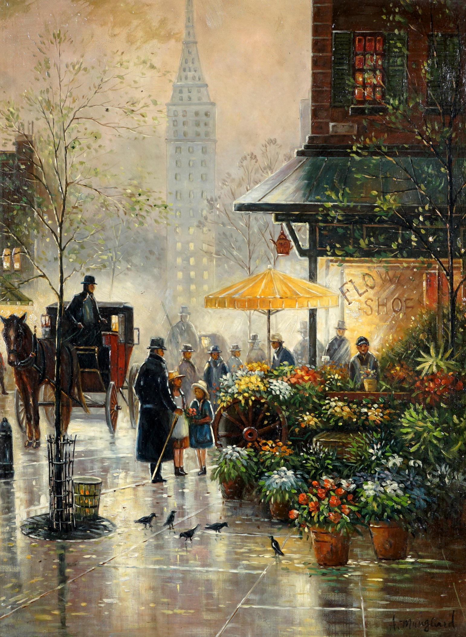 Albert Munghard Flower Shop City Scene Painting: MUNGHARD, Albert, (American, 1919-1998): City scene with flower shop and figures, Oil/Wood Panel, signed lower right, 16" x 12", framed 22.75" x 18.75". From the estate of a prominent lawyer from New