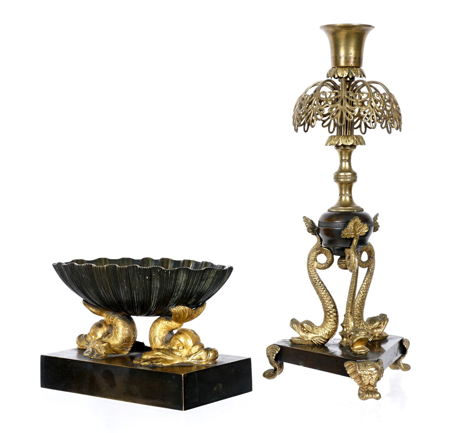 French Bronze Serpent Candlestick and Compote: Two pieces total to include 1) Parcel gilt bronze single light candlestick supported by figural serpents, on three feet, unmarked, 10.5" h. x 4". 2) Parcel gilt compote with scalloped bowl, gilt bronz