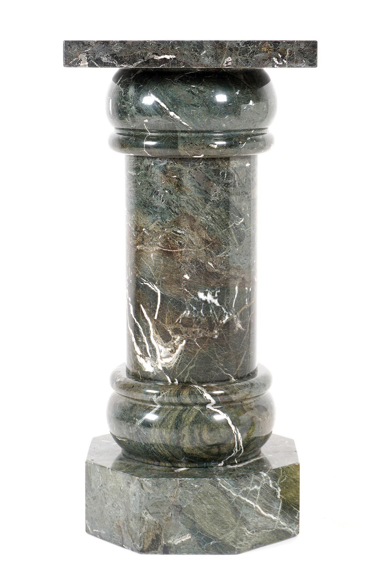 Large Green Variegated Marble Pedestal: Square top over turned column support, octagonal base, overall 40.25" h. x 18" x 19" top. Minor chips.