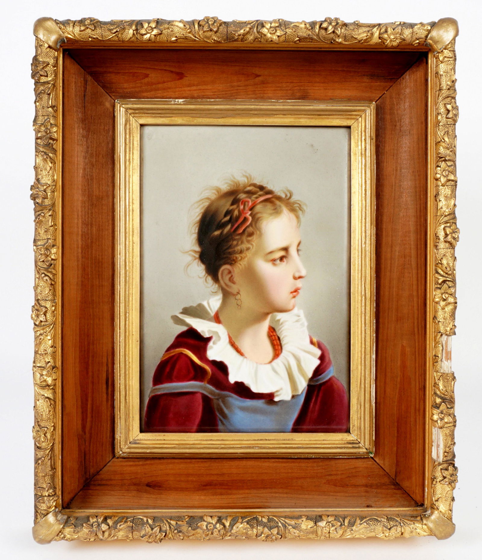 KPM Style Porcelain Portrait Plaque: Hand painted portrait plaque of a girl with double hoop earring, no visible signature, impressed K 30? verso, 10" x 7", framed 16" x 13". Condition: Losses to frame. From the estate of a prominent law