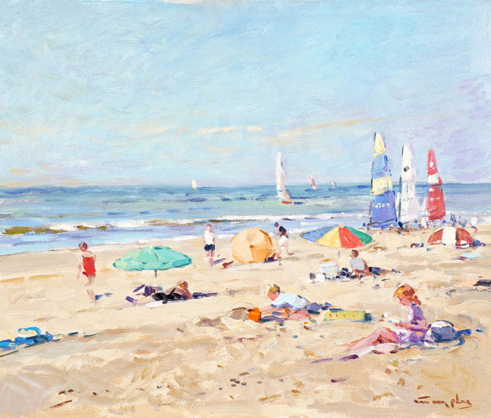 Neik Van Der Plas Beach Scene Painting: VAN DER PLAS, Neik, ( Dutch, 1954-): Seaside beach scene with figures, Oil/Board, signed lower right and verso, 11" x 13", framed 17.5" x 18.5". From the estate of Hazel Hanlon, lifetime collector and