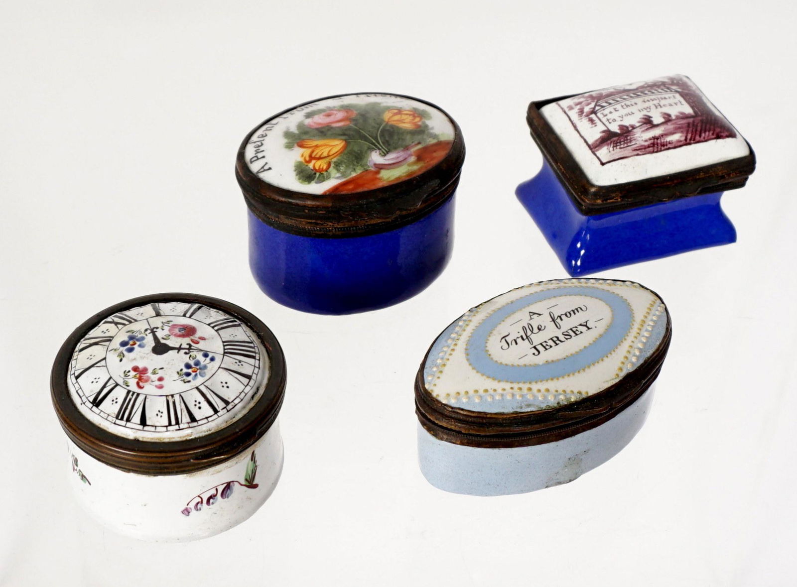 Four Antique Bilston Enamel Snuff Boxes (1 of 12)