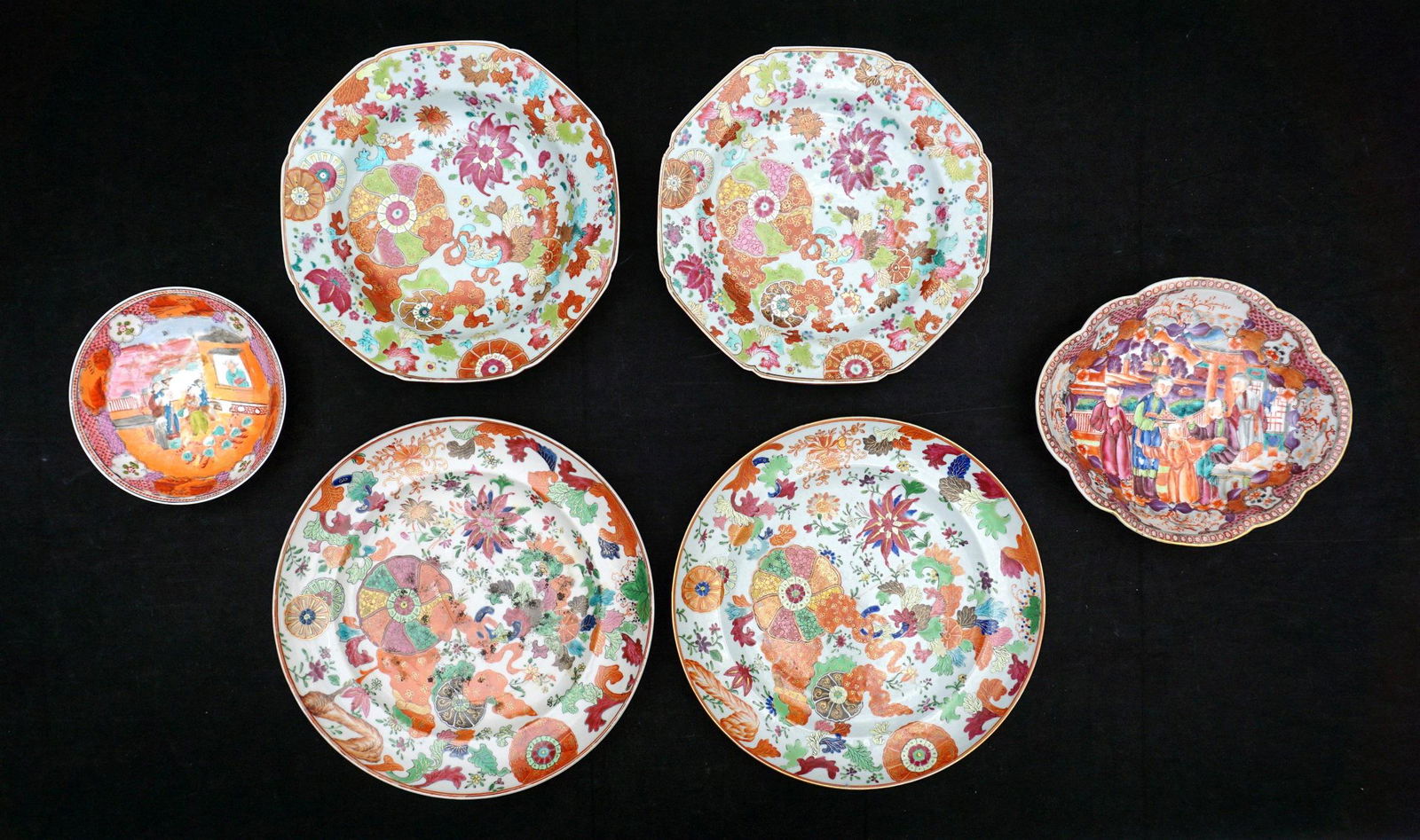 Six Chinese Enamel Decorated Dishes: An assembled collection of six pieces total to include rose mandarin round and scalloped bowls, floral bowl, octagonal low bowl, two floral plates ( 9.75" dia.") Condition: Wear to decoration on all,