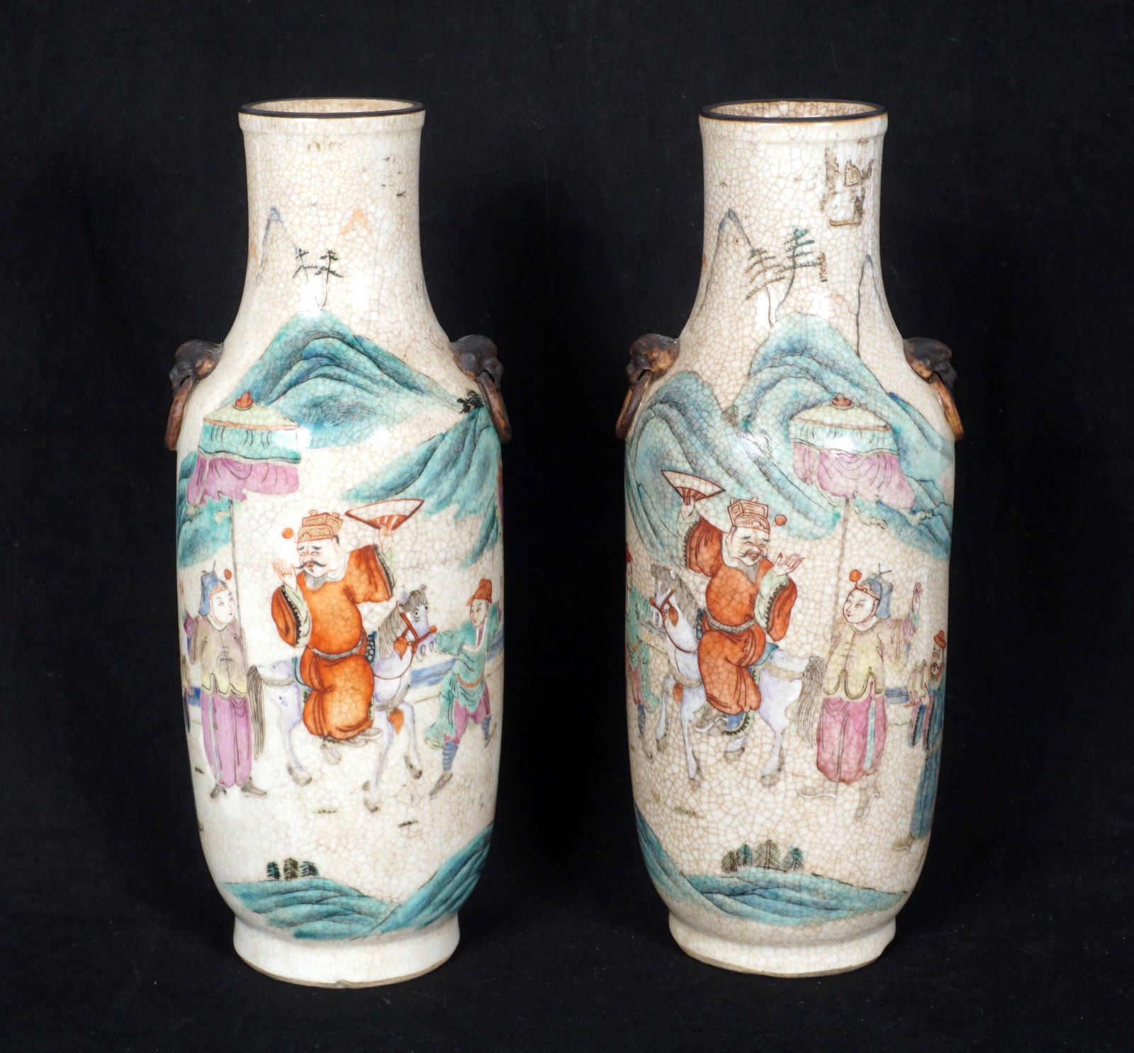 Pair Chinese Crackle Glaze Vases Procession Scene (1 of 15)