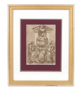 Circle of Luca Cambiaso Judgment of Saints Drawing: circle of CAMBIASO, Luca, (Italian, 1527-1585): "Judgement of the Saints", Pen and Ink with brown wash on laid paper with partial watermark, collectors stamp lower right, 11.5 " x 8.25", framed 22.5"