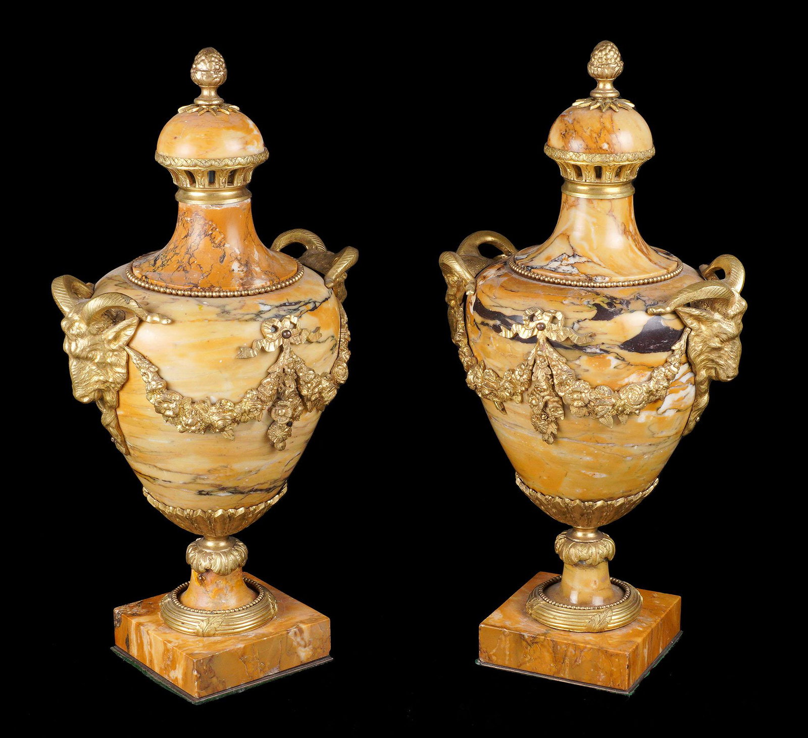 Pair Gilt Bronze Rams Head and Marble Urns (1 of 7)