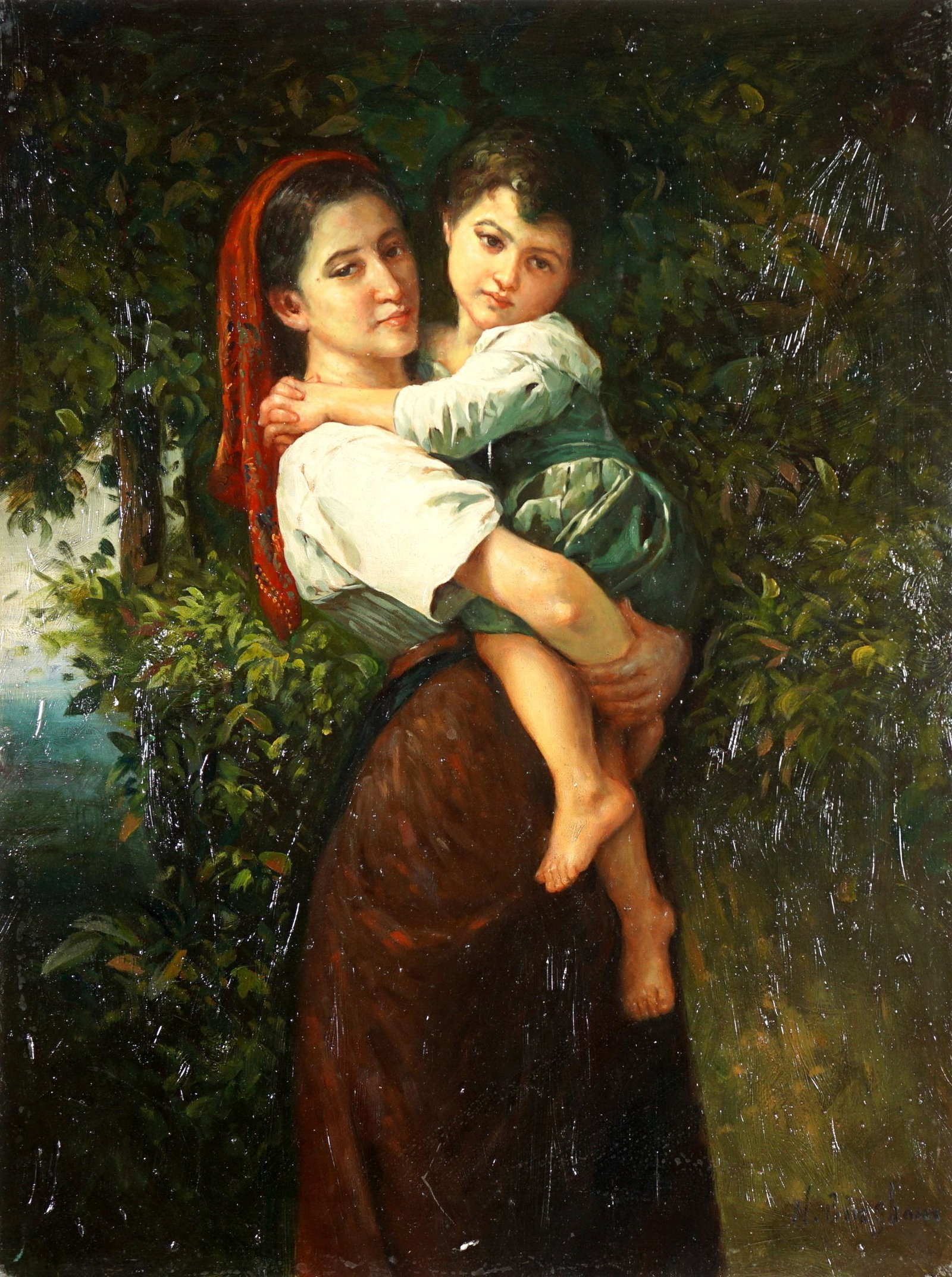Bingham after Bouguereau Woman with Child Portrait: BINGHAM, N. Henry, (American, 1939-): "Juene fille portant un enfant" after the original by BOUGUEREAU, William Adolphe (French, 1825-1905): Oil/wood panel, signed lower right, 16" x 12", unframed. Co