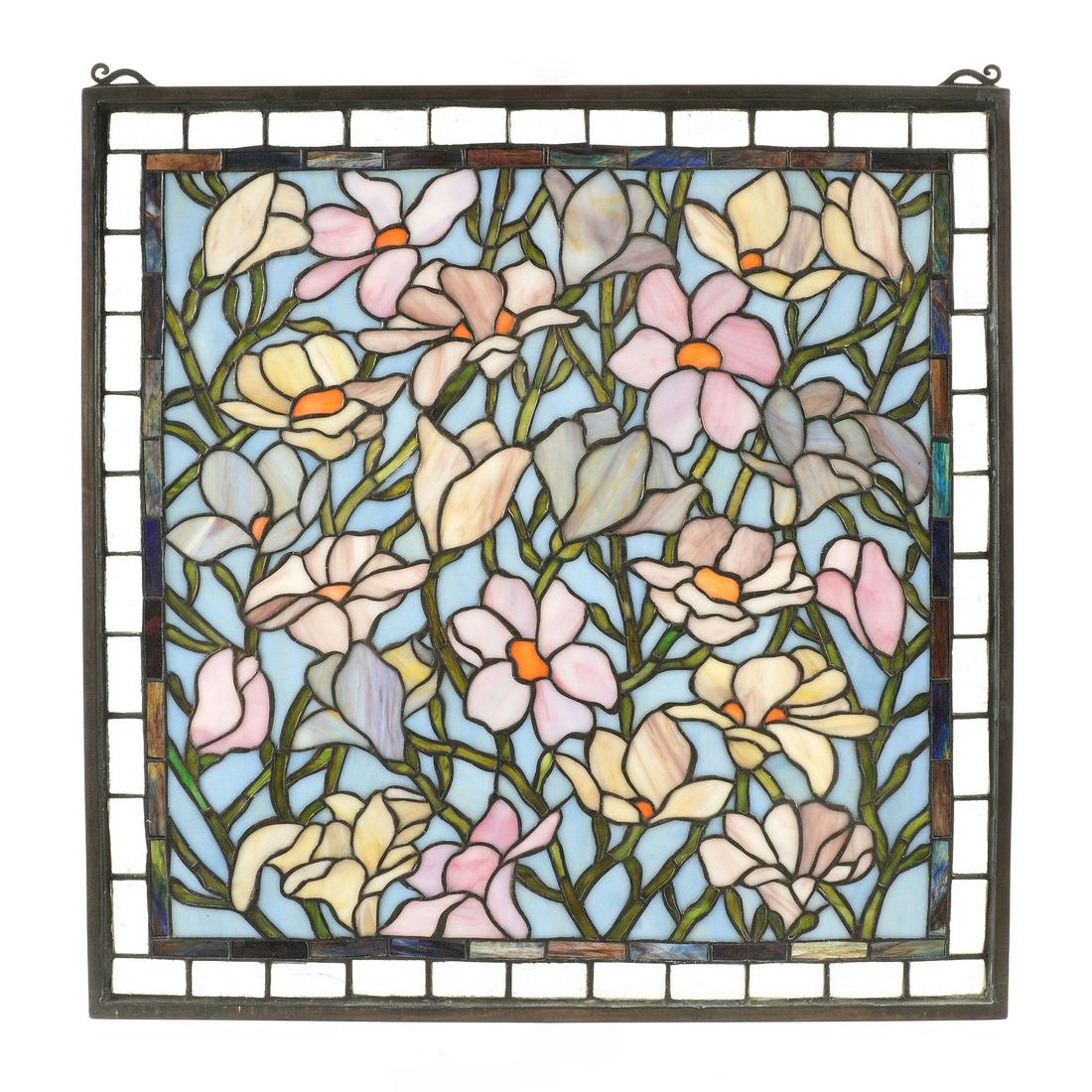 Floral Leaded and Stained Glass Window: Floral motif leaded and stained glass window. Overall 22" x 22". No cracked panels noted