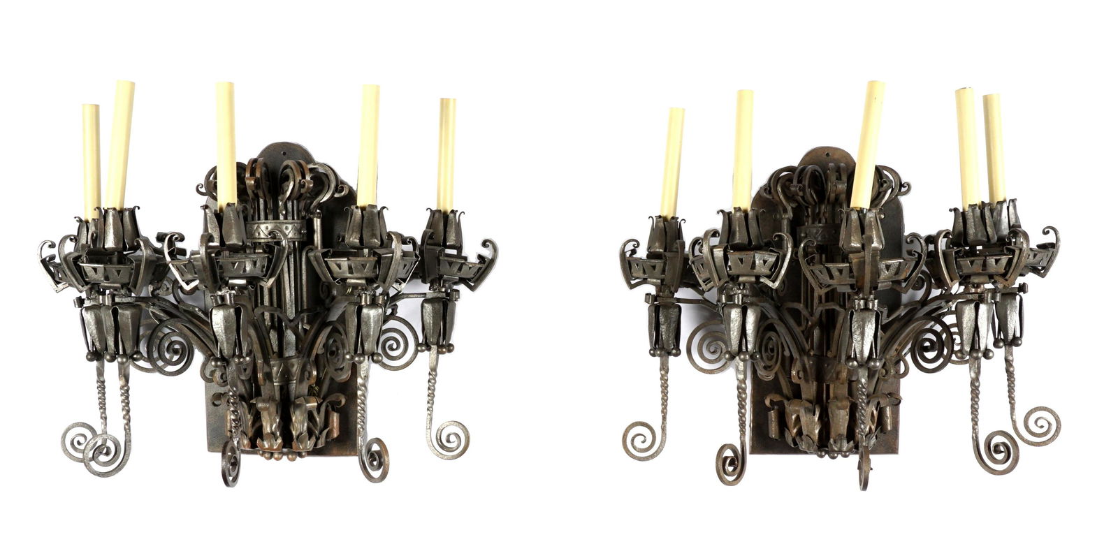 Pair Edgar Brandt Style Wrought Iron Wall Sconces (1 of 8)