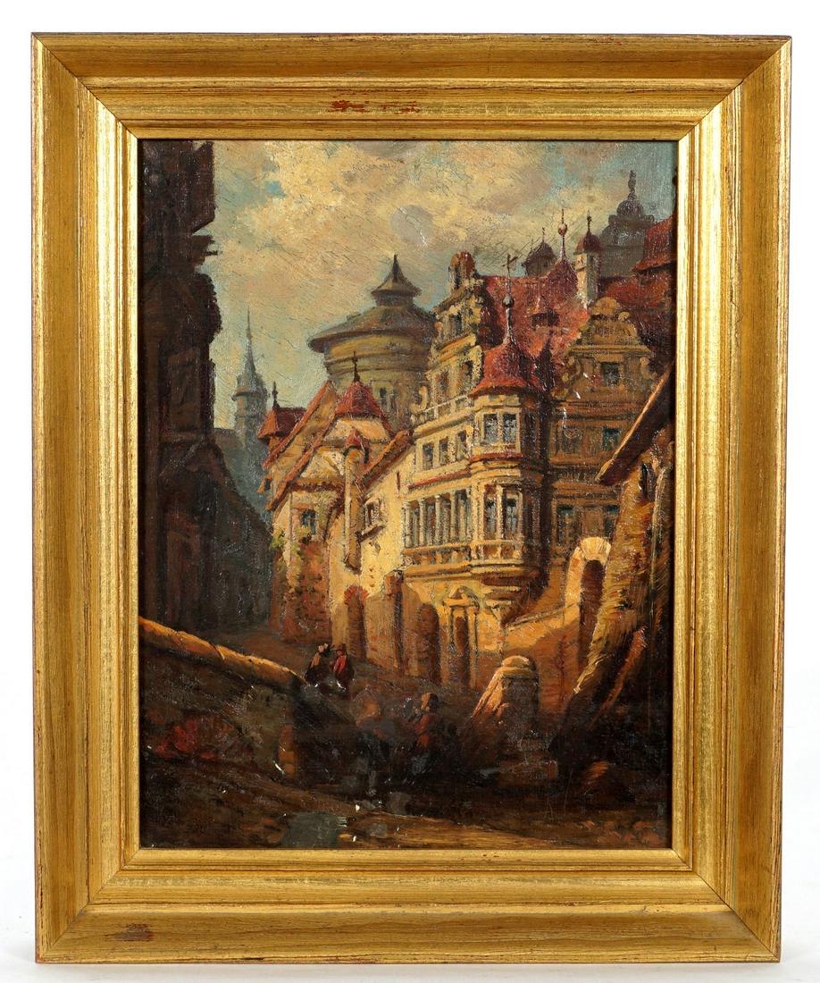 European City Landscape Painting: European city landscape with figures, Oil/Board, no visible signature, 11.75" x 9", framed 14" x 11.5". Condition: Scattered inpaint, craquelure.