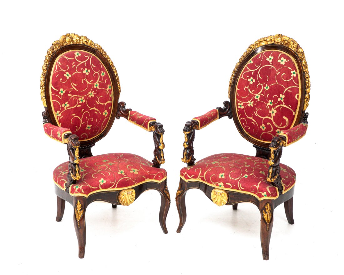 Pair Carved Parcel Gilt Victorian Arm Chairs (1 of 8)