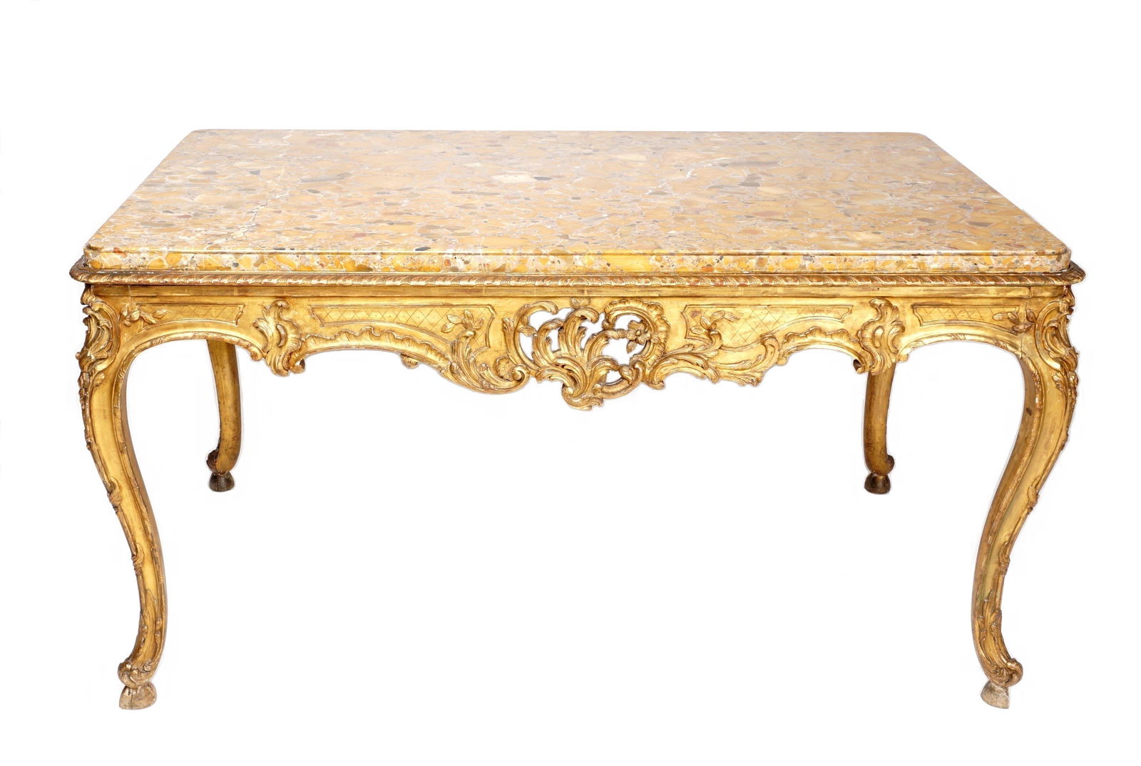 Large French Regency Marble Top Carved Gilt Wood Center Table (1 of 15)