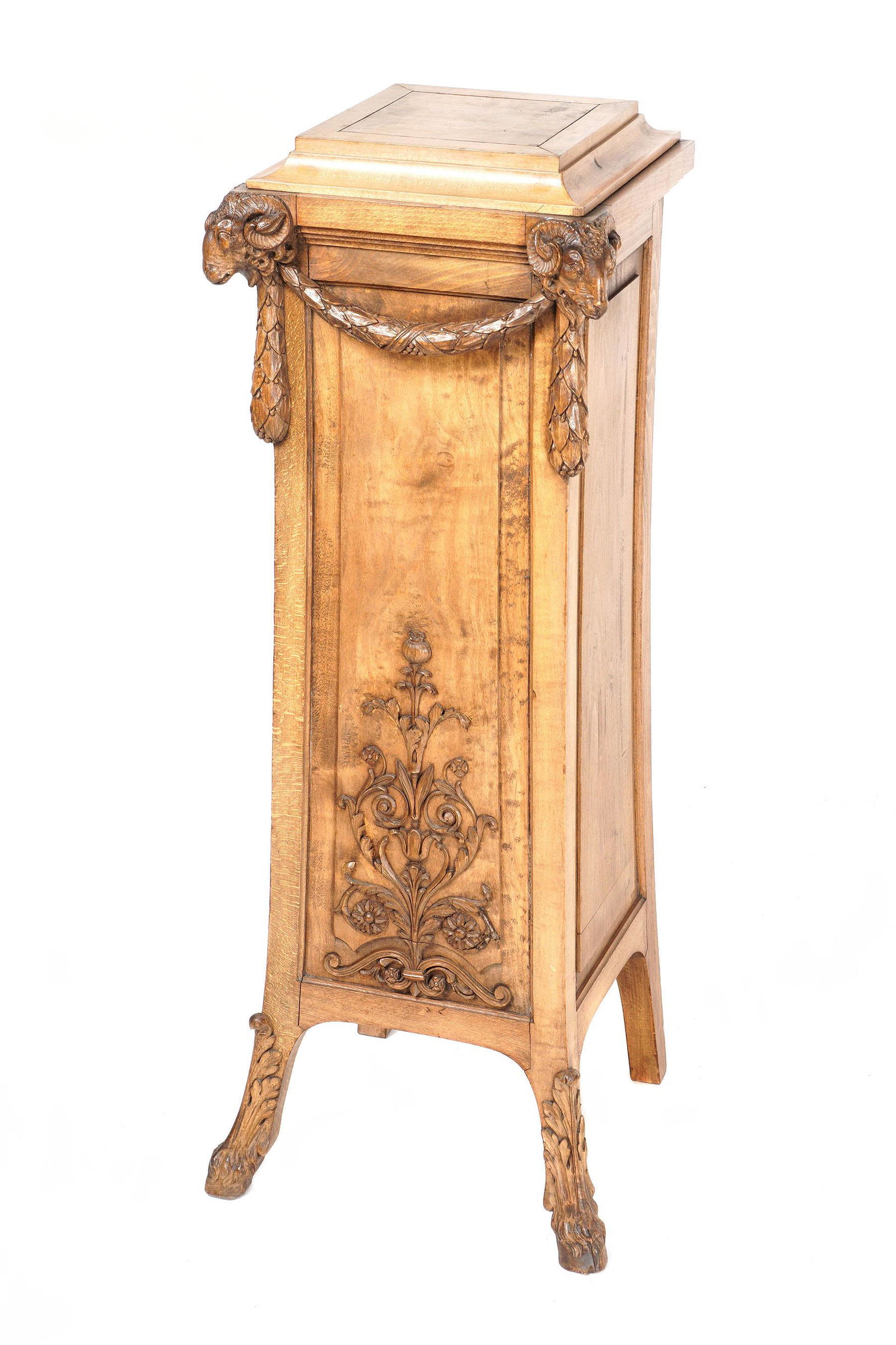 Carved Walnut Pedestal with Two Rams Head (1 of 7)