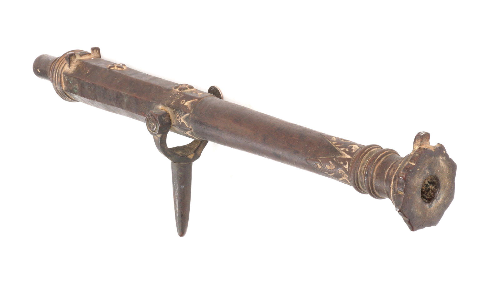 18th/19th C. Bronze Lantaka Swivel Cannon / Gun: 18th/19th Century portable bronze naval swivel gun or cannon, Southeast Asia, overall 24.25" long x 5.5" including peg. Bore approx. 20mm. Condition: Signs of age present.