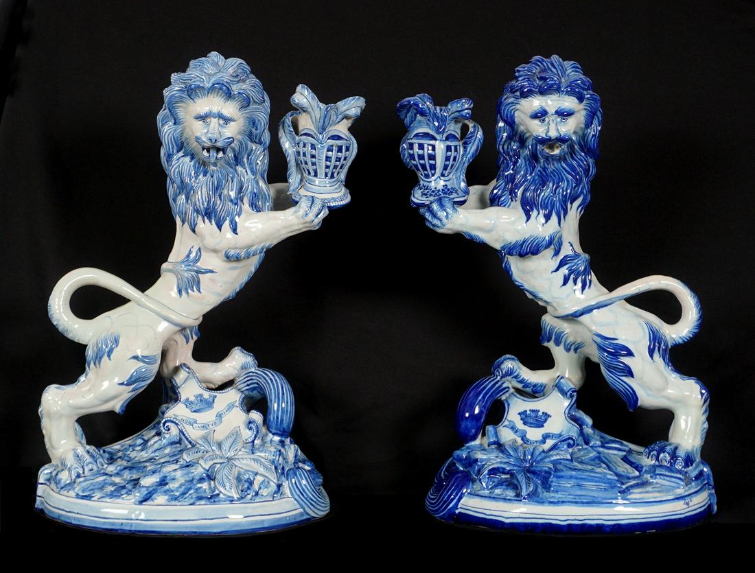 Pair St. Clement Blue and White Lion Candleholders (1 of 18)