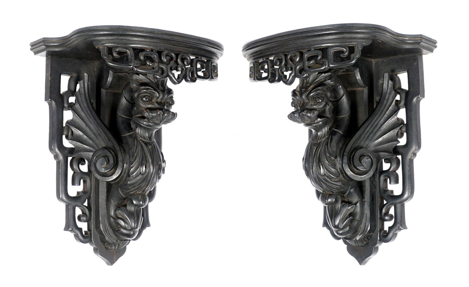 Pair Grotesque Carved Figural Dragon Wall Brackets (1 of 15)