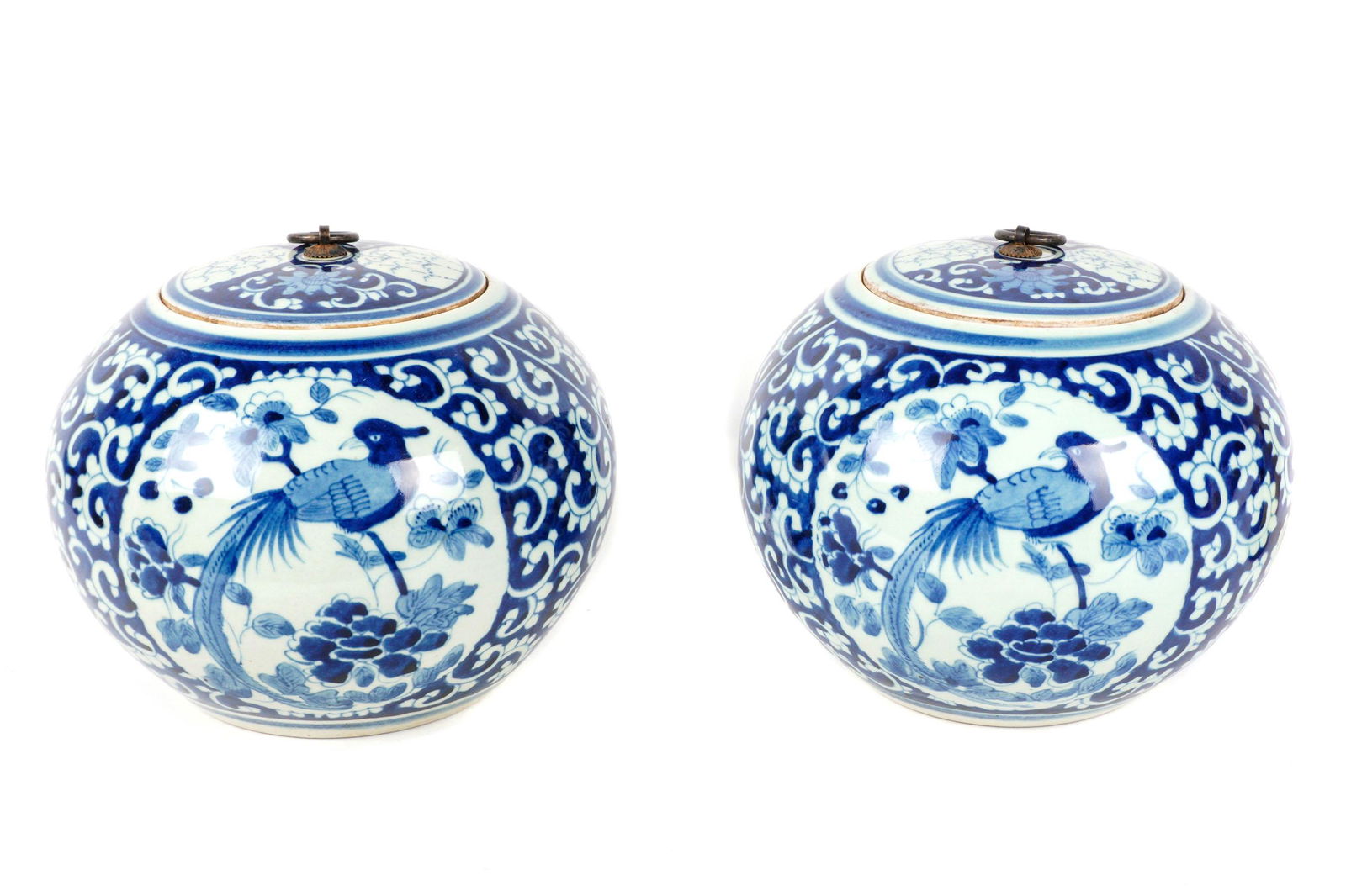 Pair Chinese Blue and White Porcelain Squat Jars (1 of 7)