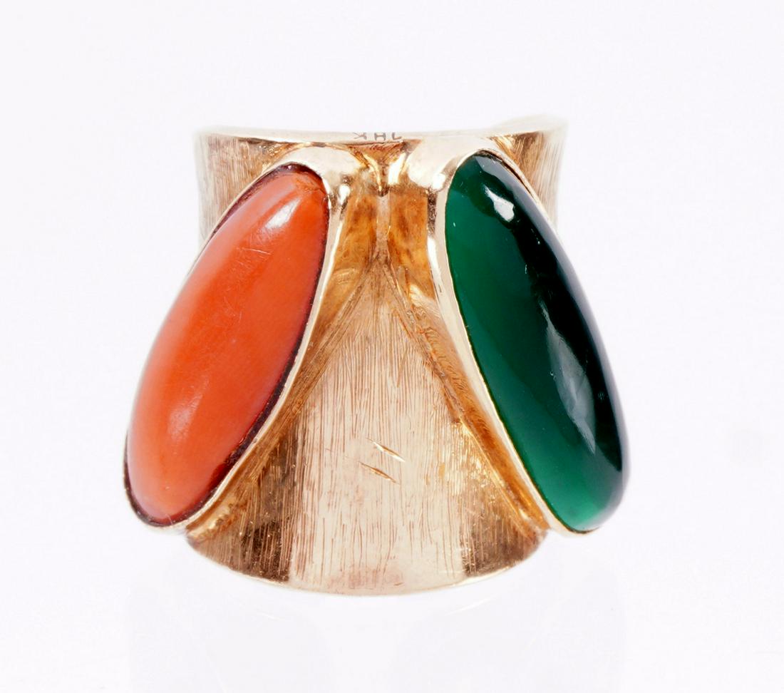 18k Gold Coral and Chrysoprase Modernist Ring (1 of 8)