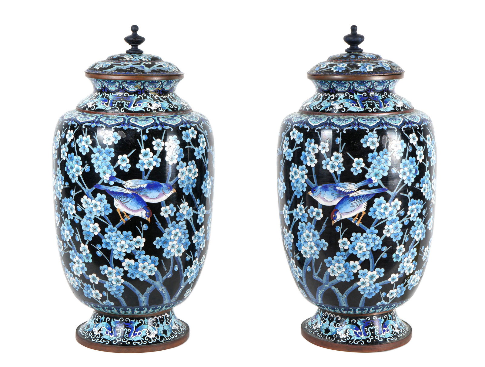 Large Pair Antique Chinese Cloisonne Covered Bird Urns (1 of 9)